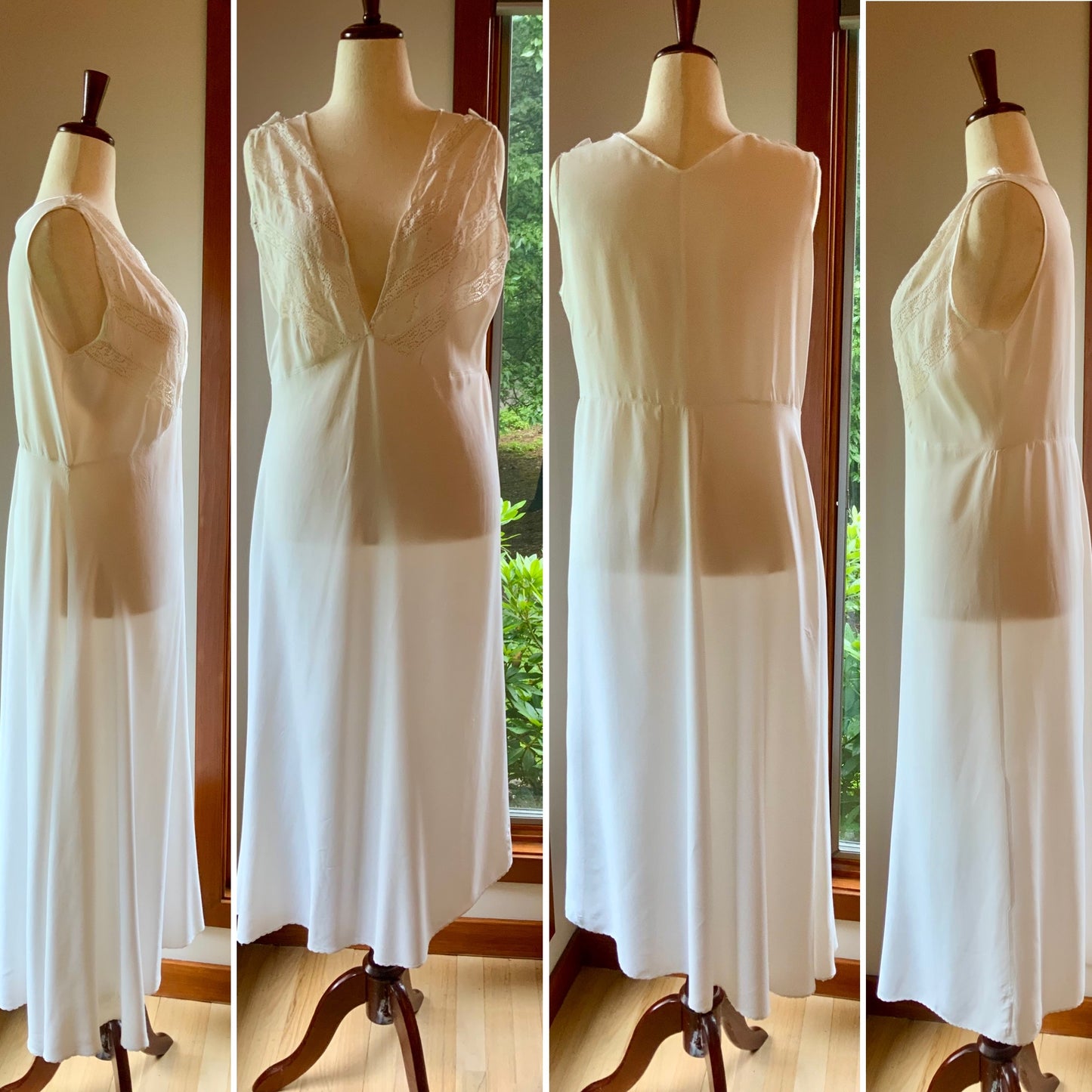 1930s Ivory Bridal Slip Dress with Embroidered Lace Bodice-Deep V. Neck-30DK