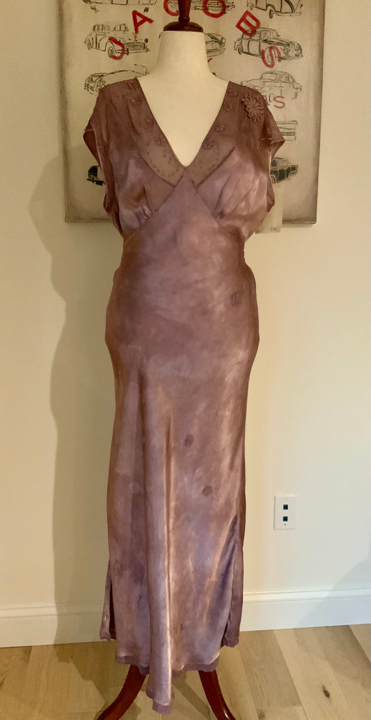 1930s Hand Dyed Mauve Bias Cut Evening Dress. Restyled Vintage Satin Gown.Embroidered Tulle.Lulu Boop Vintage-30CW