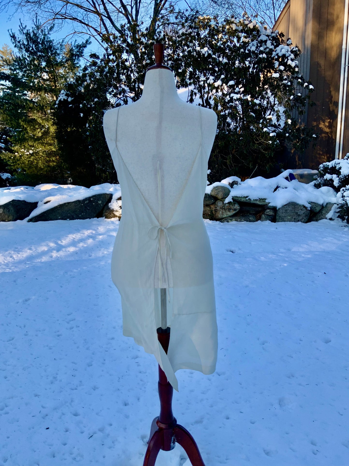 Antique silk lingerie slip, circa 1918–1922, featuring rare open-back drawstring construction and hand-embroidered bust panels- 20AR