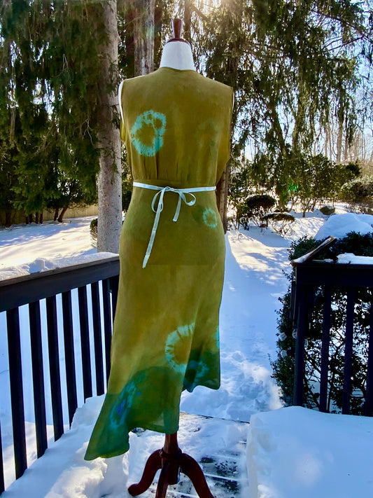 Hand-Dyed Vintage Silk Dress – Olive & Aqua Patina | One of a Kind Atelier Piece (1930s–40s)-40B6
