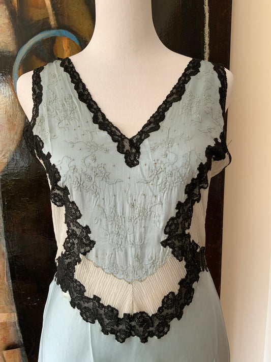 Blue Silk Black Lace Nightgown - 50s
