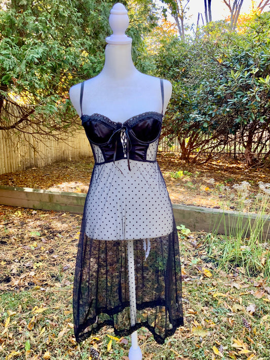 Vintage Dolce & Gabbana Black Satin & Polka-Dot Tulle Corset Slip Dress –90s- 90E
