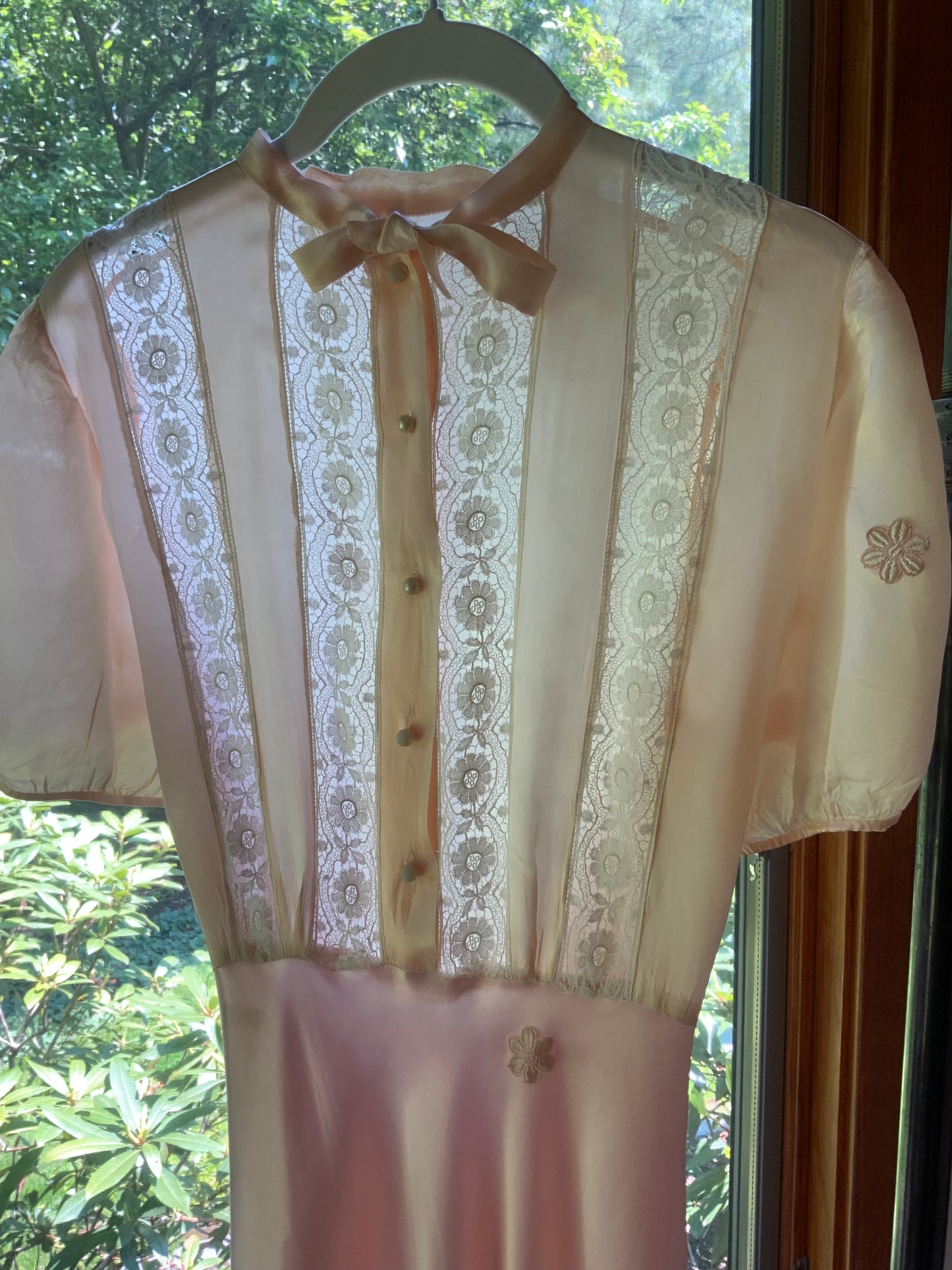 1930s Peach & Blush Silk Nightgown Vintage Boudoir Gown Original Belt Lace Bridal Lingerie Romantic Old Hollywood-30CV