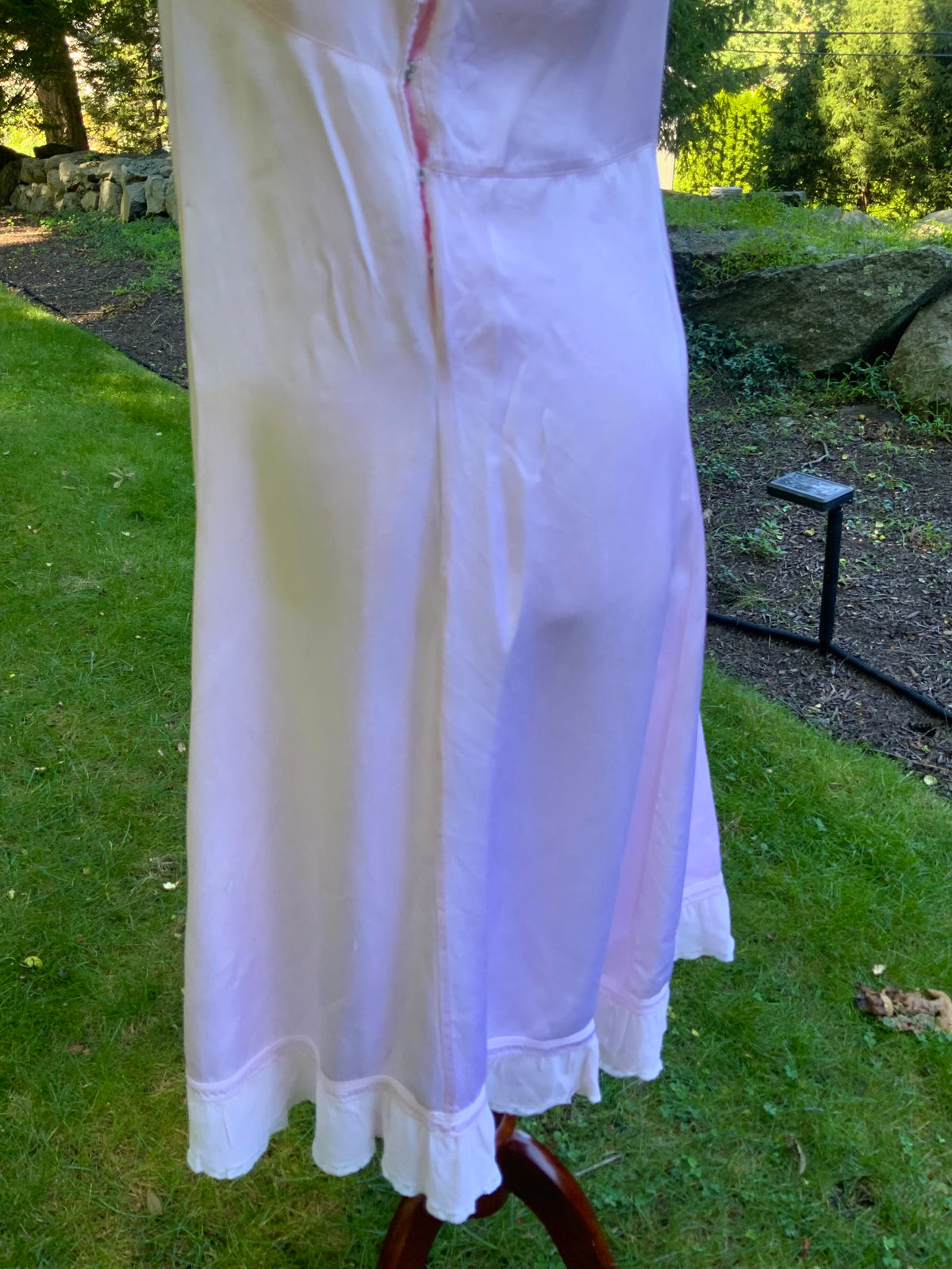 1930s Pink Satin Slip Dress with Lace and Chiffon Ruffle.30CJ