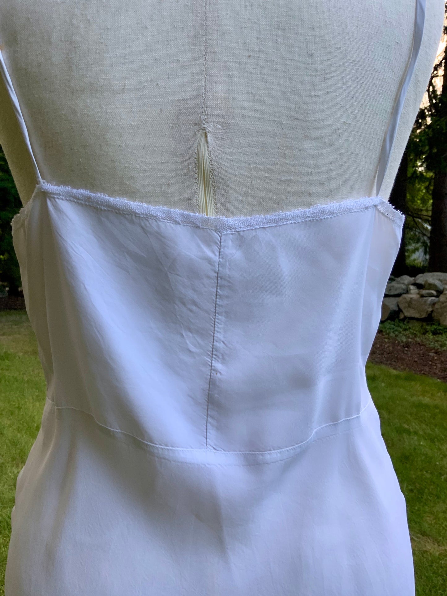 1940s White Slip Dress. Pleated Lace Bodice. Bias Cut. Double Flounce Hem
-30CP