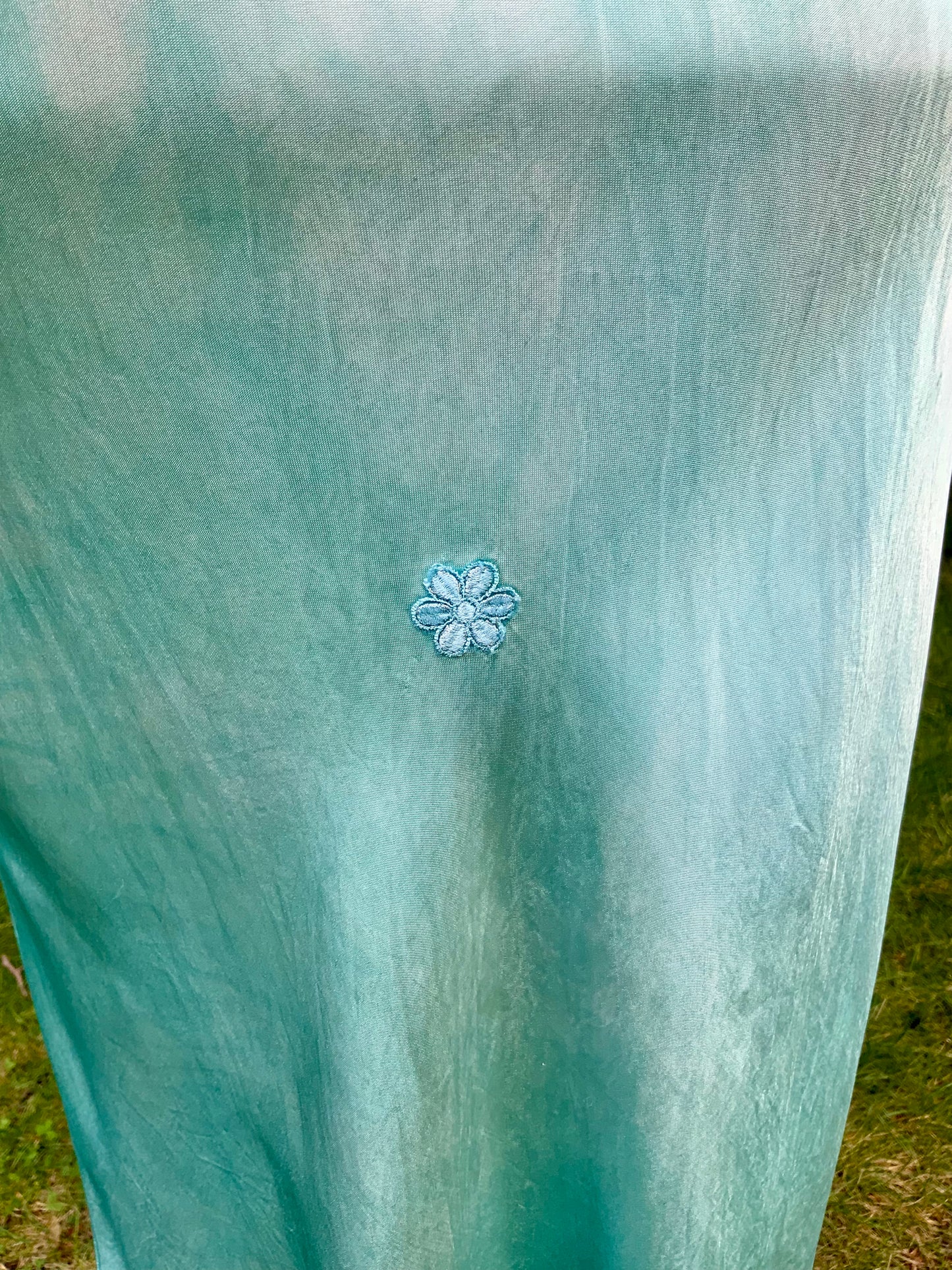 1930s Hand-Dyed Aqua Satin Slip Dress. Embroidered Bias Cut Slip with Sash.40CB