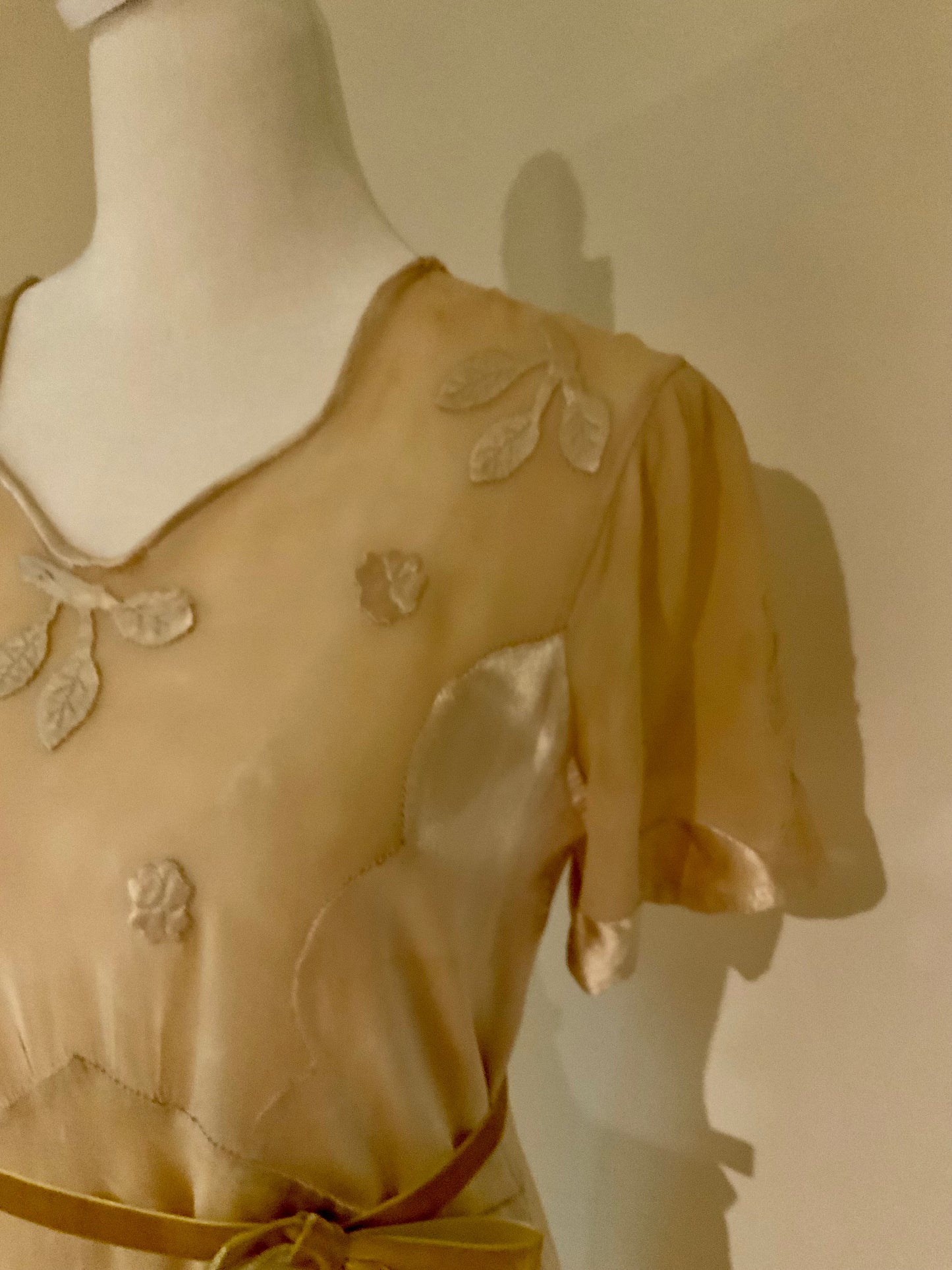 Rare 1930s Tea-Dyed Silk Hostess Gown with Original Floral Appliqué Details