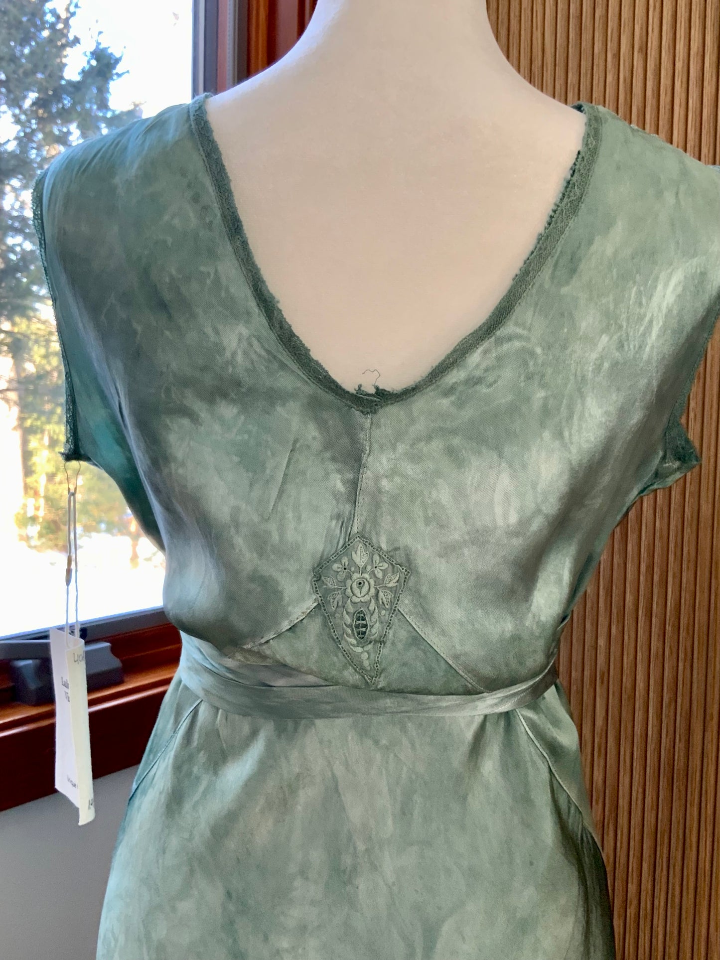 Hand Dyed Antique Satin & Chiffon Nightgown | Restored Vintage Lingerie Dress | 1930s Bias Cut Green Silk Satin Slip
- 40AD