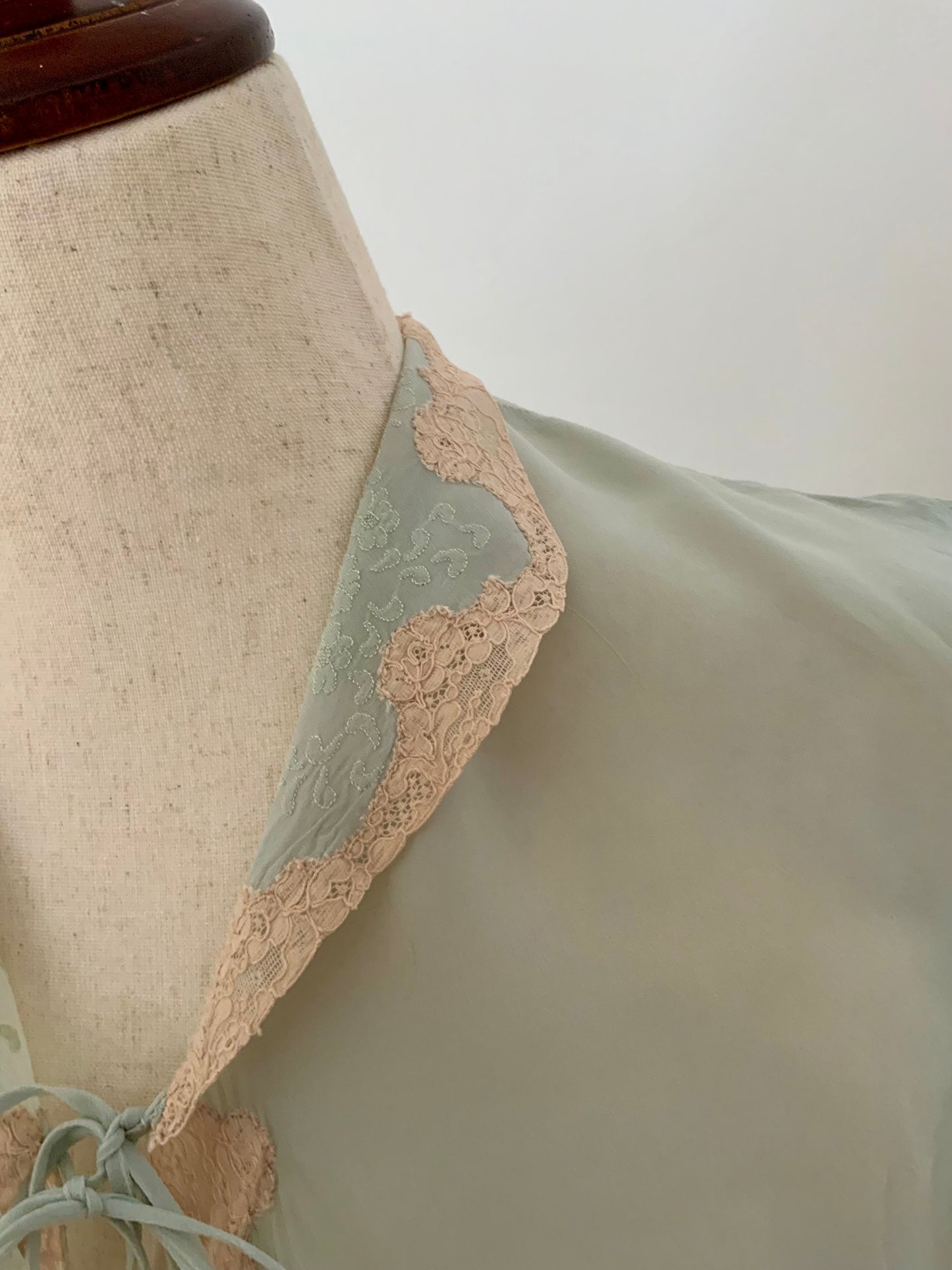 1930s Seafoam Silk Chiffon Bed Jacket with Blush Lace | Antique Boudoir Blouse-30BC