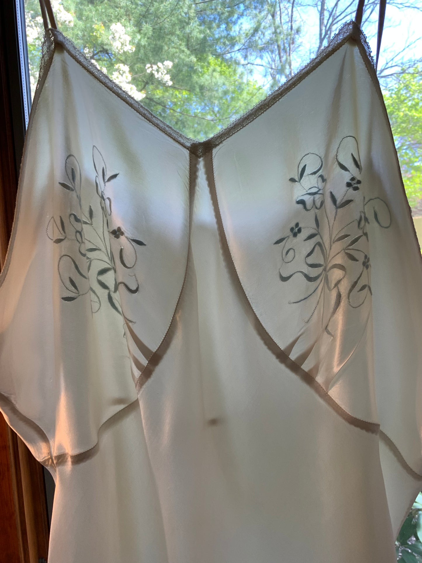1930s Ivory Silk Satin Embroidered Slip Dress | Blue Floral Boudoir Nightgown | Bias Cut Bridal Lingerie | Old Hollywood Glamour-40AV