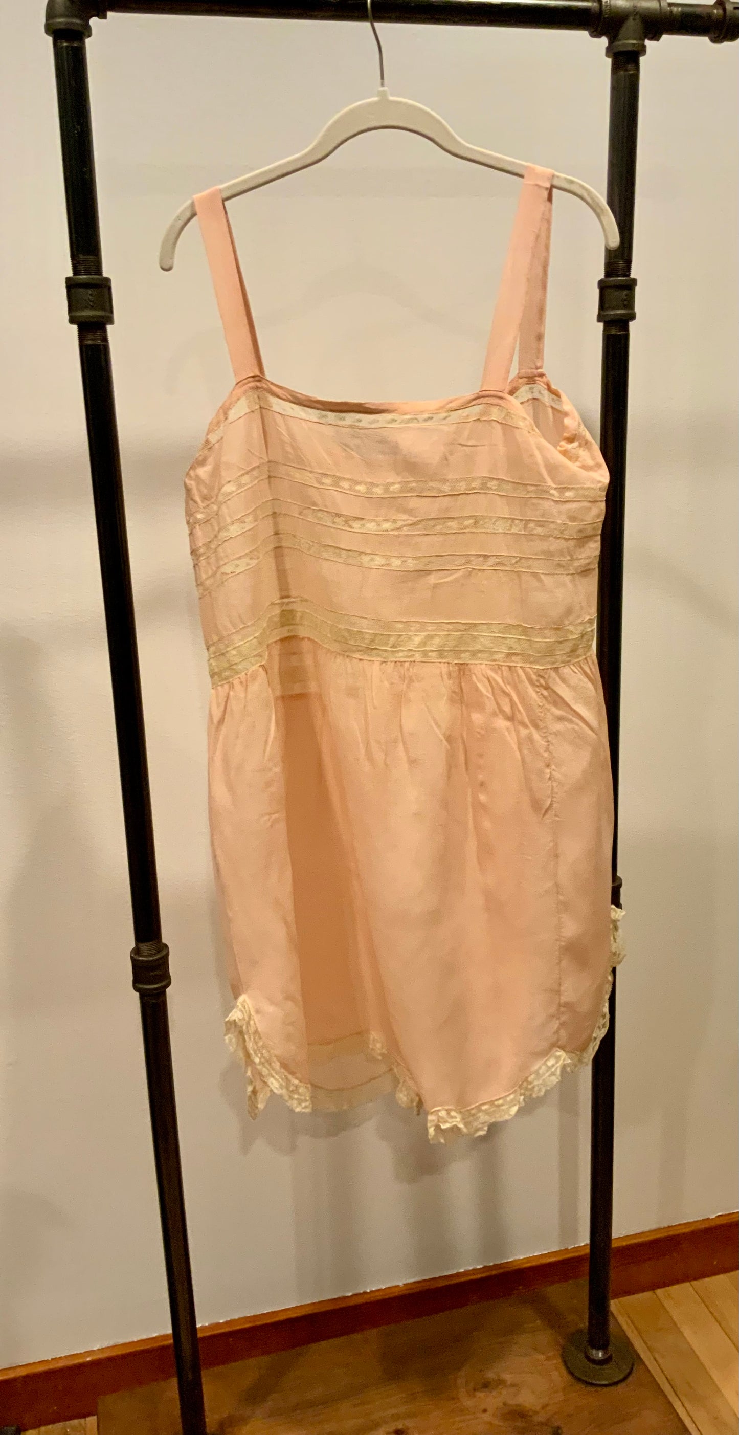 Circa 1912–1918 Blush Pink Silk Chiffon Teddy with Antique Lace – Edwardian Boudoir Lingerie-ED47