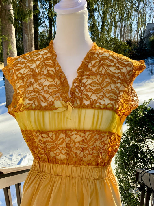 Hand-Dyed 1930s–40s Silk Chiffon Lace Nightgown – Golden Sunset-30BD
