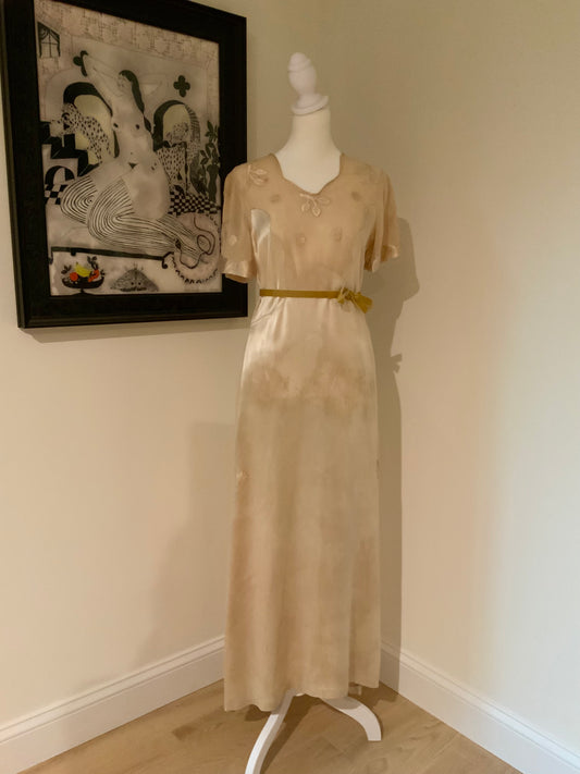 Rare 1930s Tea-Dyed Silk Hostess Gown with Original Floral Appliqué Details