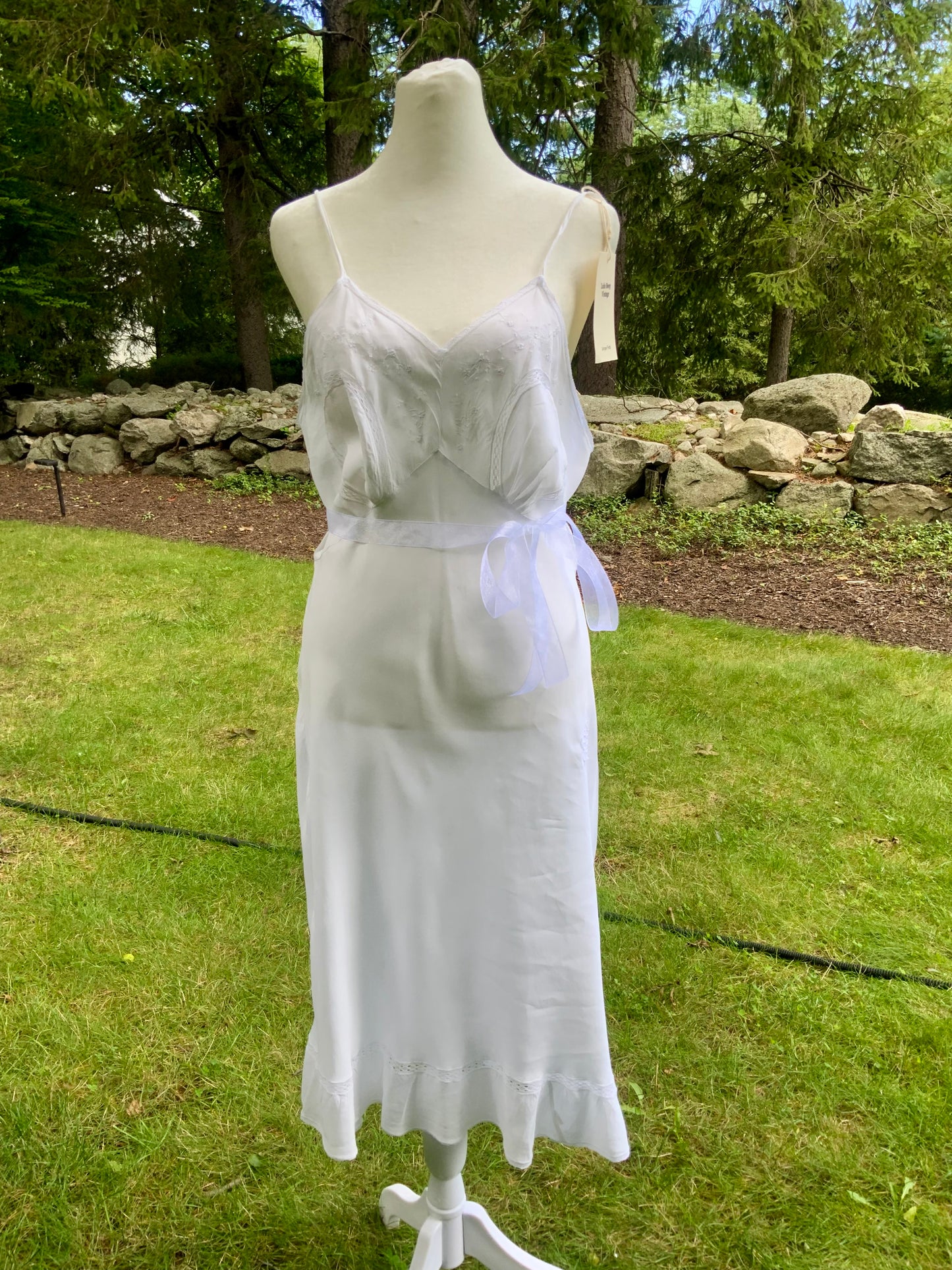 1930s White Satin Nightgown. Embroidered Bias Cut Slip Dress. Bridal Lingerie Gown .30CQ