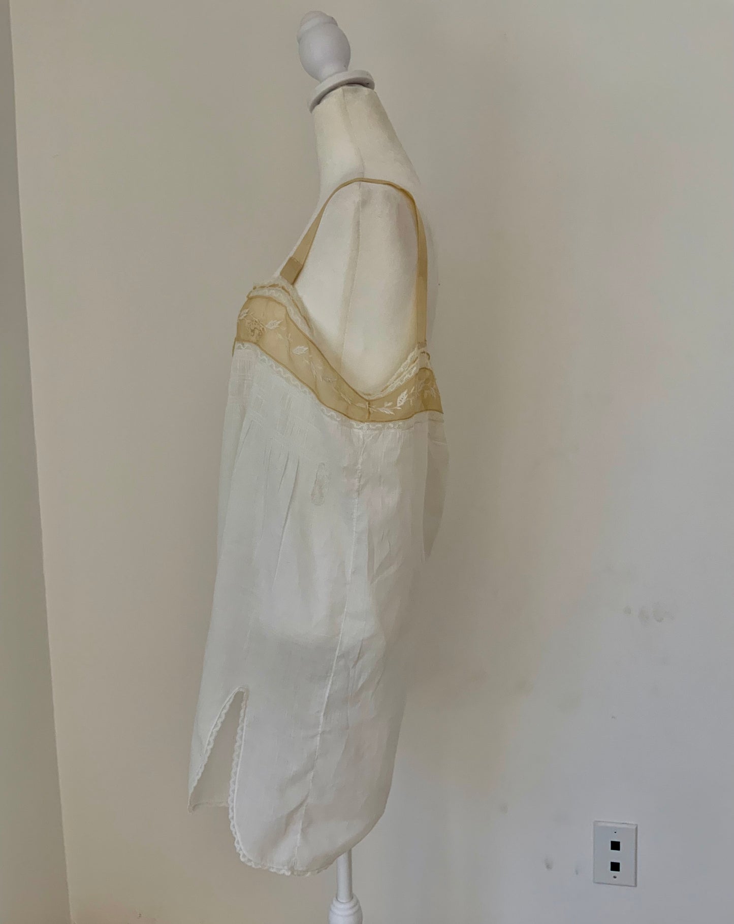 Edwardian Cotton Batiste Teddy | Antique Embroidered Sheer Band Step-In with Lace Appliqué-ED53