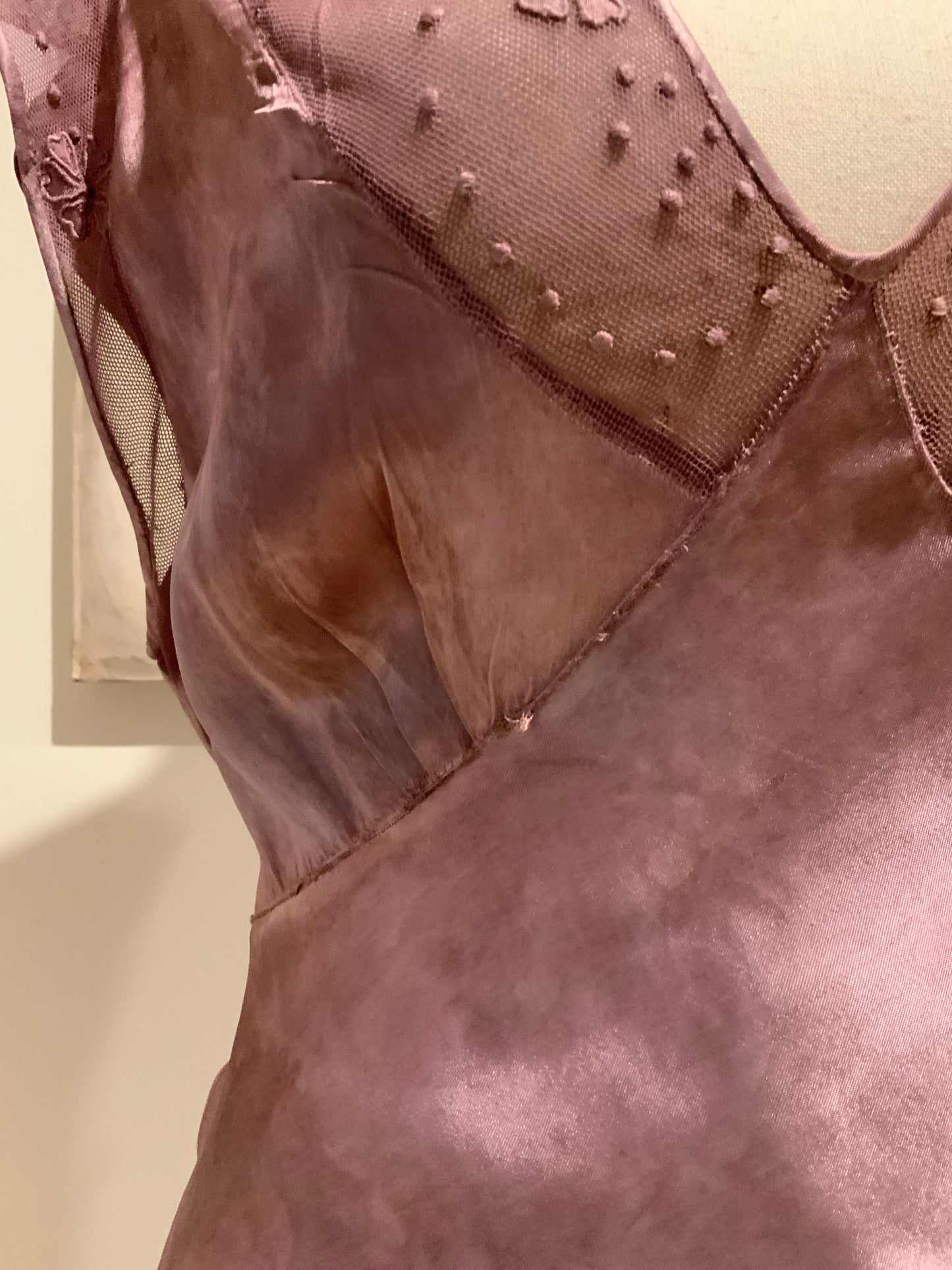 1930s Hand Dyed Mauve Bias Cut Evening Dress. Restyled Vintage Satin Gown.Embroidered Tulle.Lulu Boop Vintage-30CW