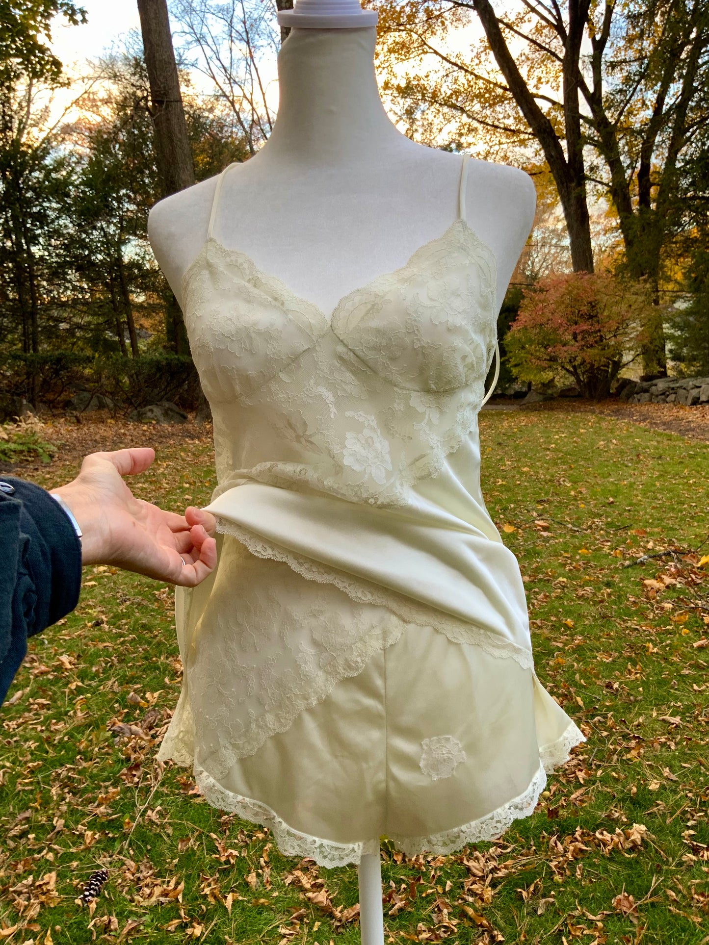 Vintage Bob Mackie for Glydons Ivory Lace & Satin Teddy | Late 1970s Designer Lingerie- 70X