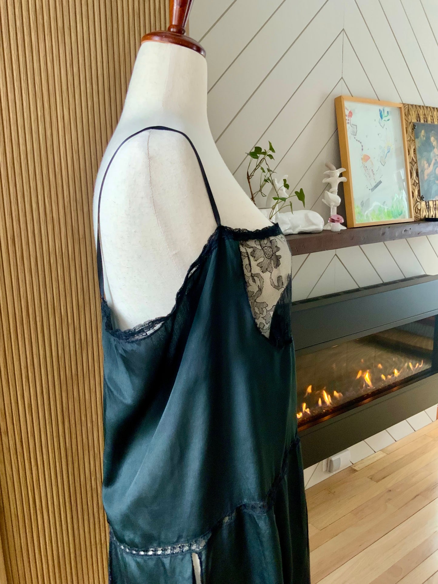 1920s–30s Pure Silk Boudoir Slip Dress — Black with Antique Lace Inset-XL-20AK