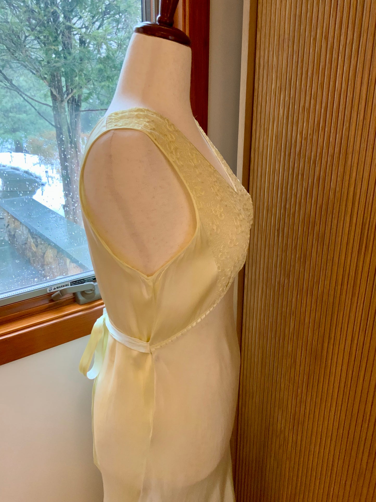 1970s Hand Dyed Bias Cut Satin Gown | 1940s Inspired Lace Bodice Maxi Dress | Pale Celadon Vintage Slip Dress- 40V