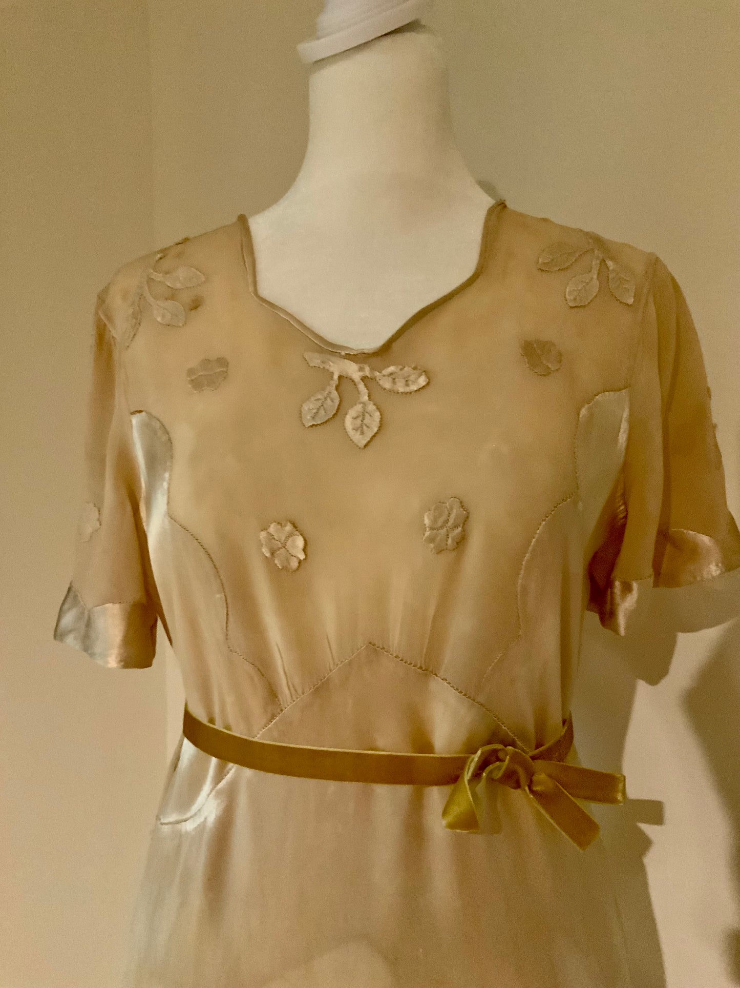Rare 1930s Tea-Dyed Silk Hostess Gown with Original Floral Appliqué Details