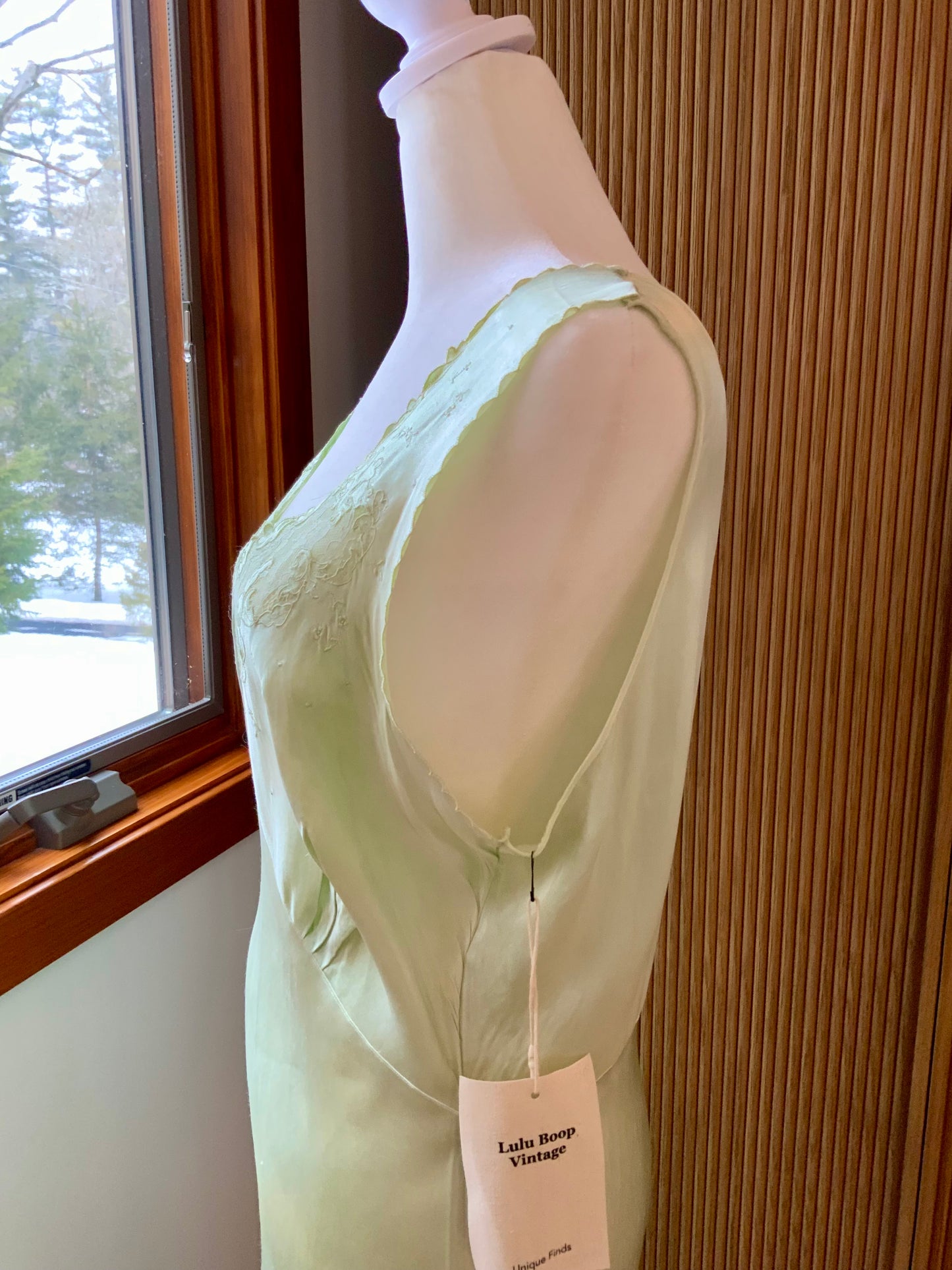 1930s Silk Satin Bias Cut Gown – Hand Dyed Celadon Mint – Vintage Lace Evening Slip Dress
40U