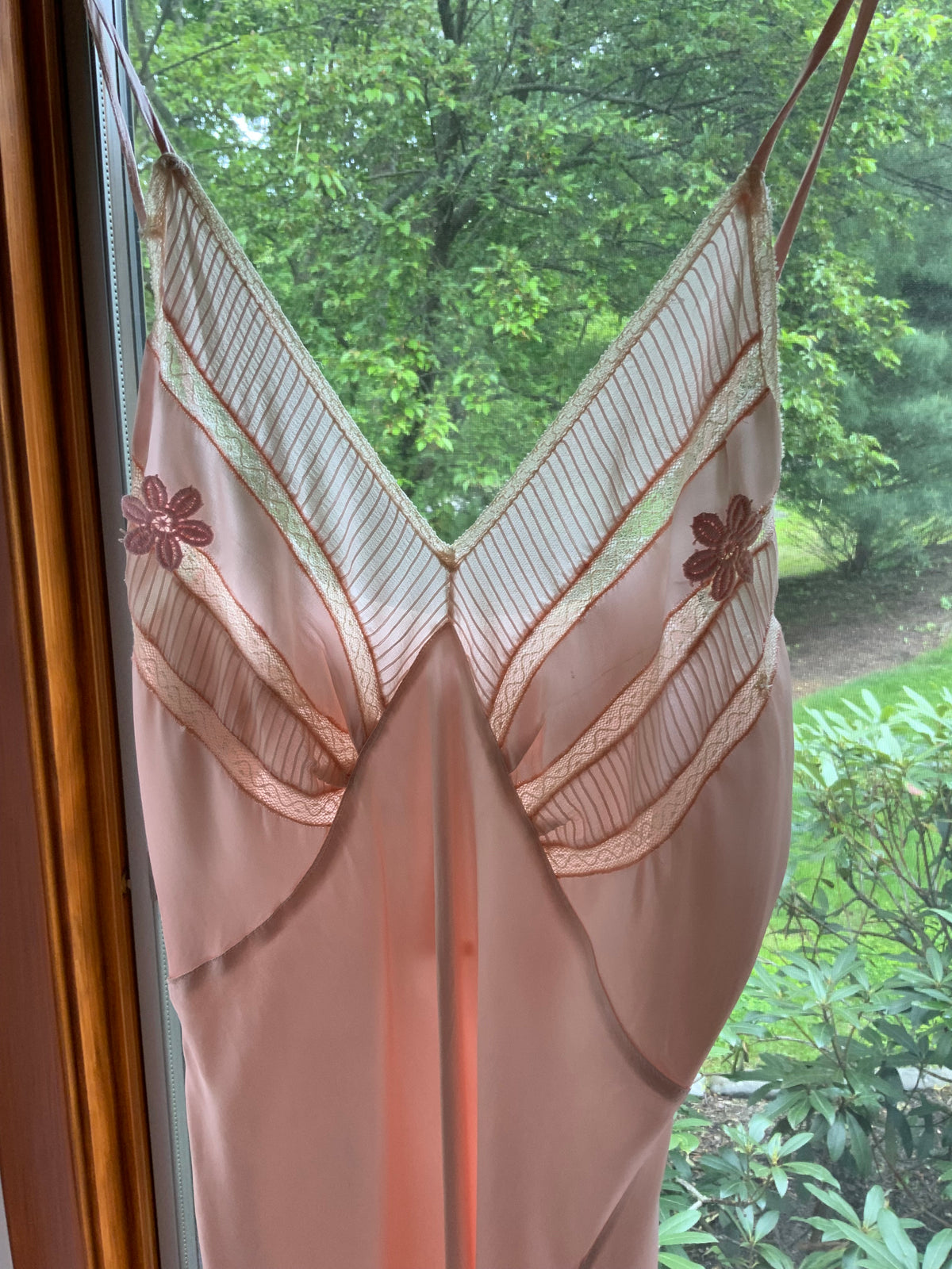 1930s Blush Pink Satin Bias Cut Slip Dress with Pleated Trim.30CN