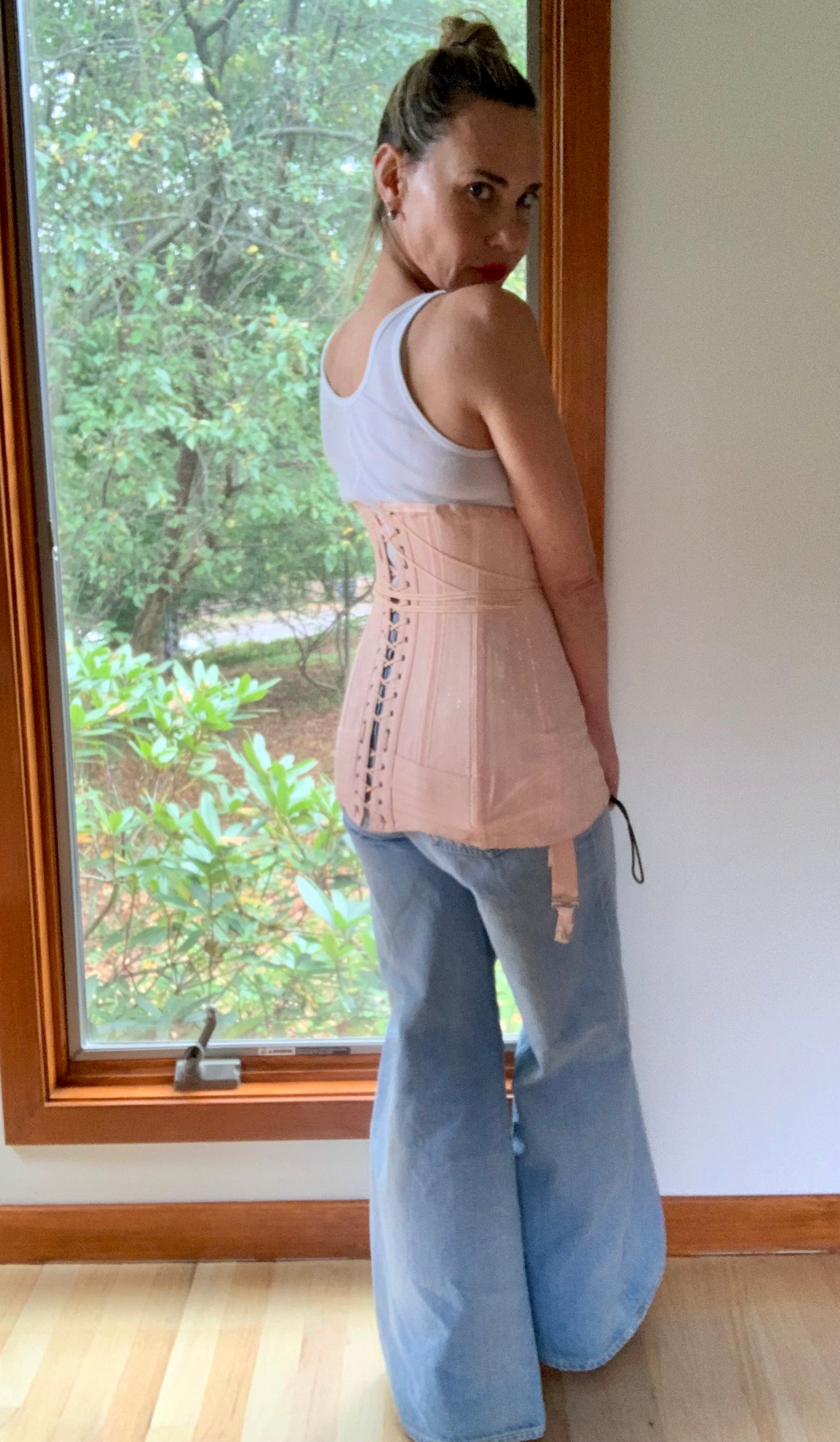 Rare 1920s Rengo Crown Corset Co. Corset Girdle | Pink Cotton & Rayon with Lace Back | Excellent Condition - 20AO