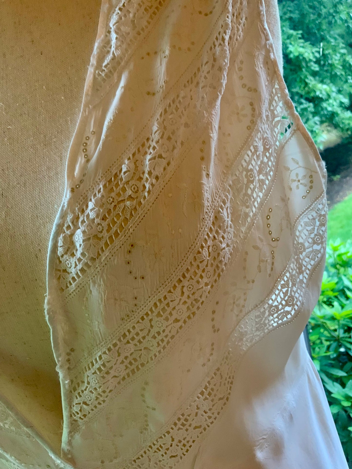 1930s Ivory Bridal Slip Dress with Embroidered Lace Bodice-Deep V. Neck-30DK