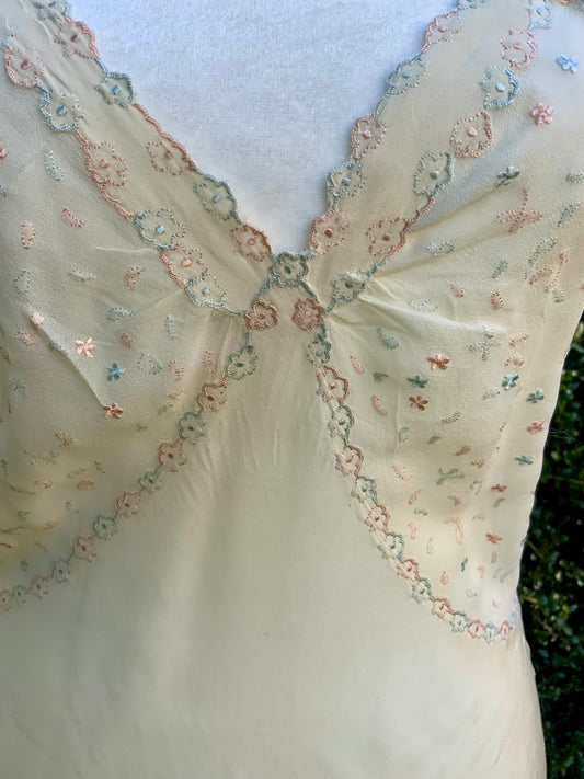 1930s Pure Silk Embroidered Slip Dress – Cream with Pastel Floral Details | Old Hollywood Lingerie-30AQ