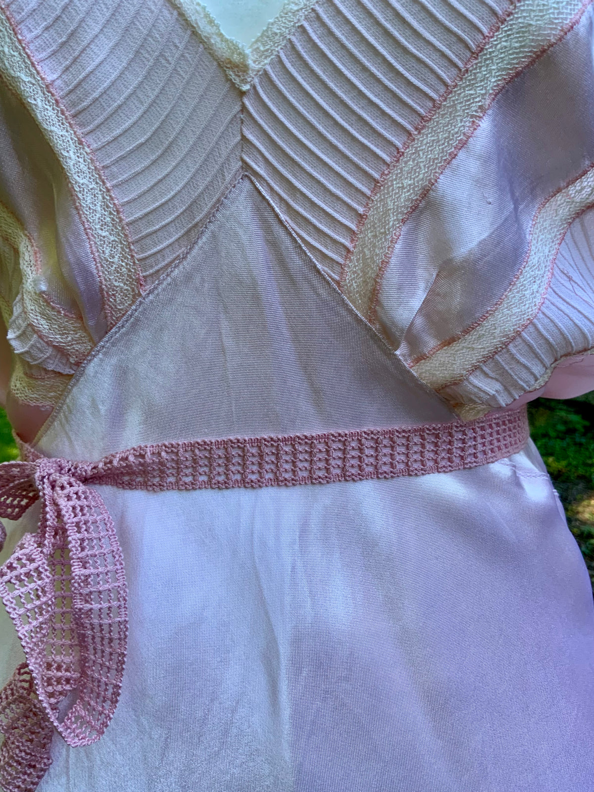 1930s Blush Pink Satin Bias Cut Slip Dress with Pleated Trim.30CN