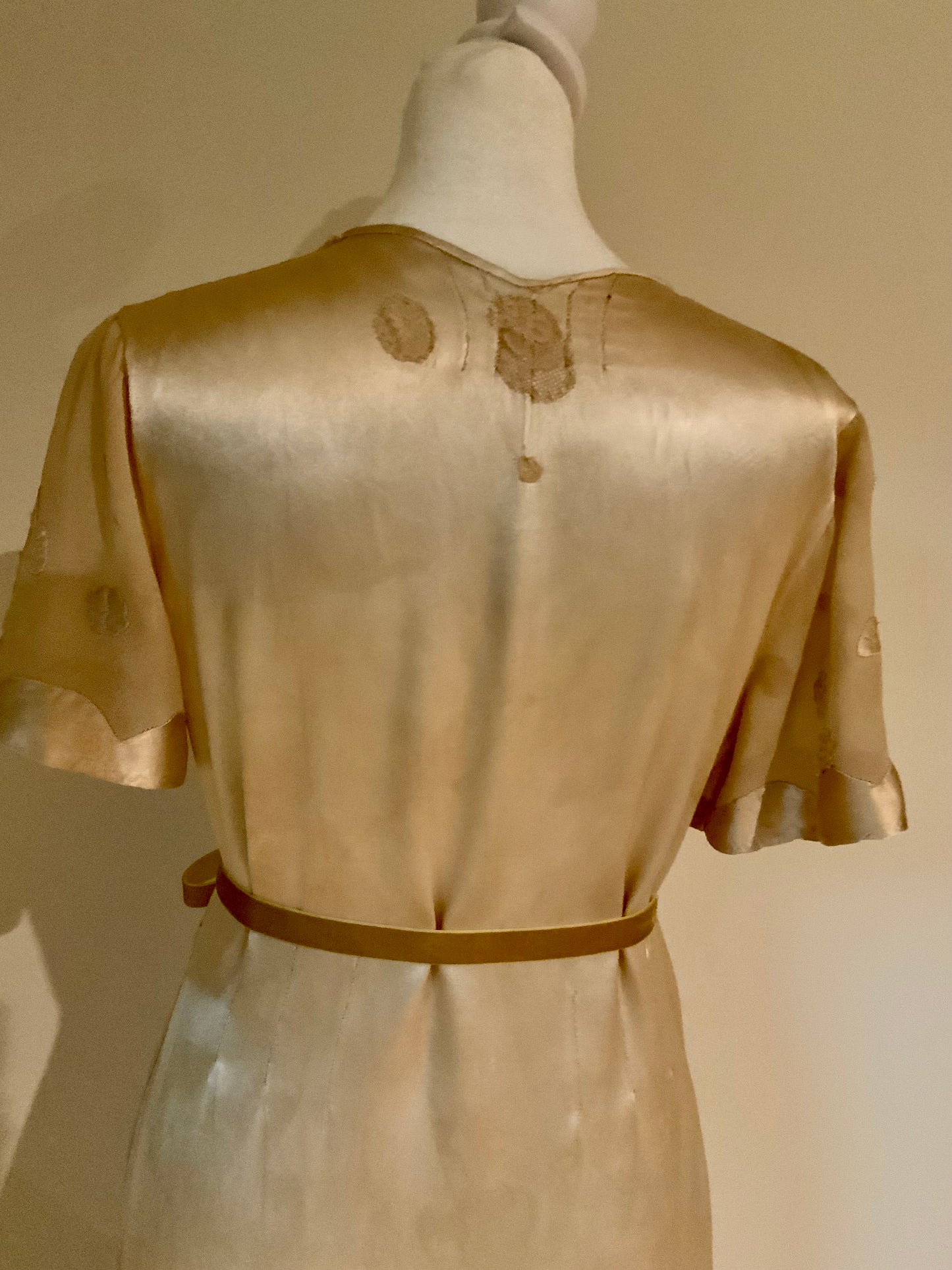 Rare 1930s Tea-Dyed Silk Hostess Gown with Original Floral Appliqué Details