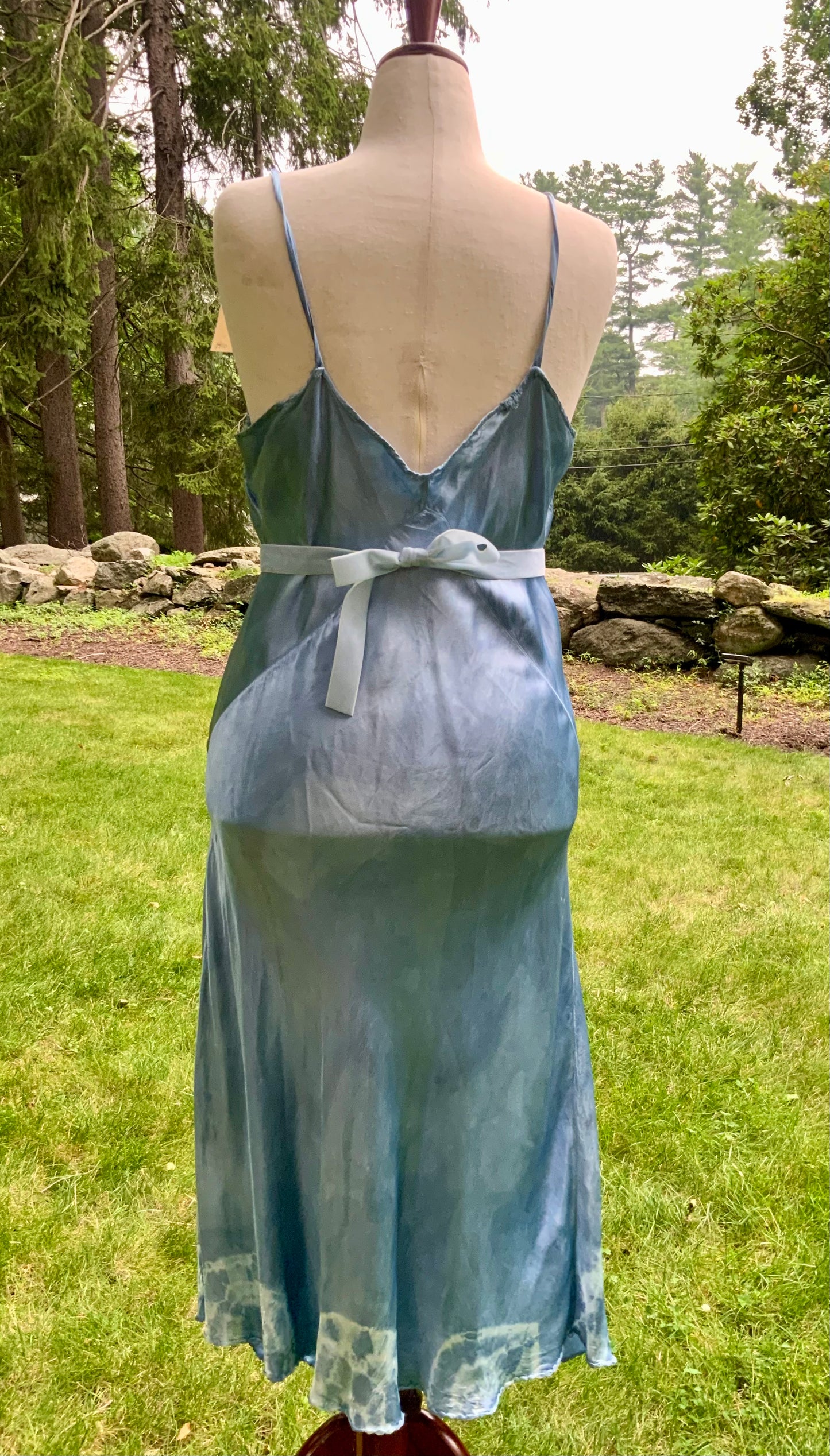1930s early 40s Hand Dyed Blue Satin Slip Dress | Embroidered Sheer Bodice | Bias Cut Vintage Inspired Lingerie Dress | One of a Kind-40BH