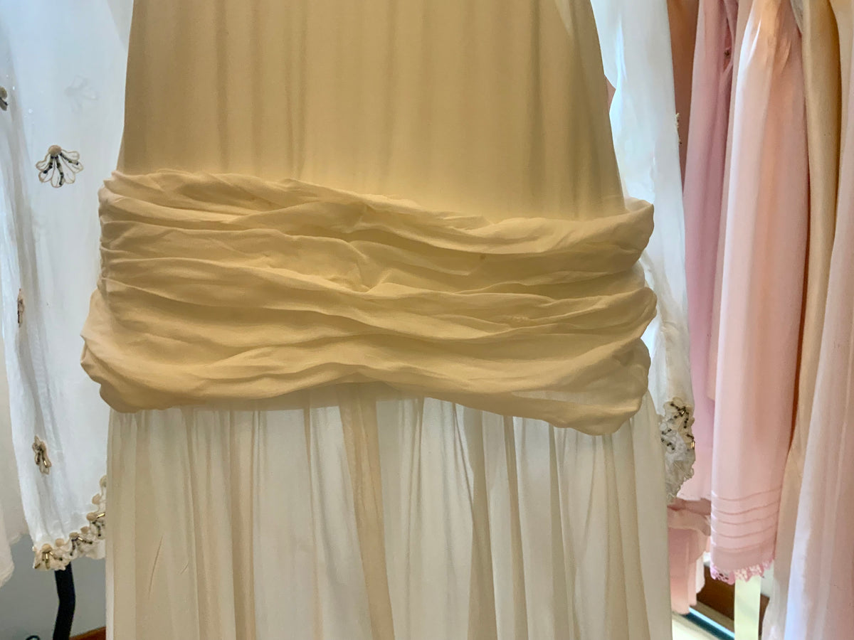 Circa 1940s Ivory Chiffon Wedding Gown with Beaded Shell Motifs and Lace Appliqués.40CH.