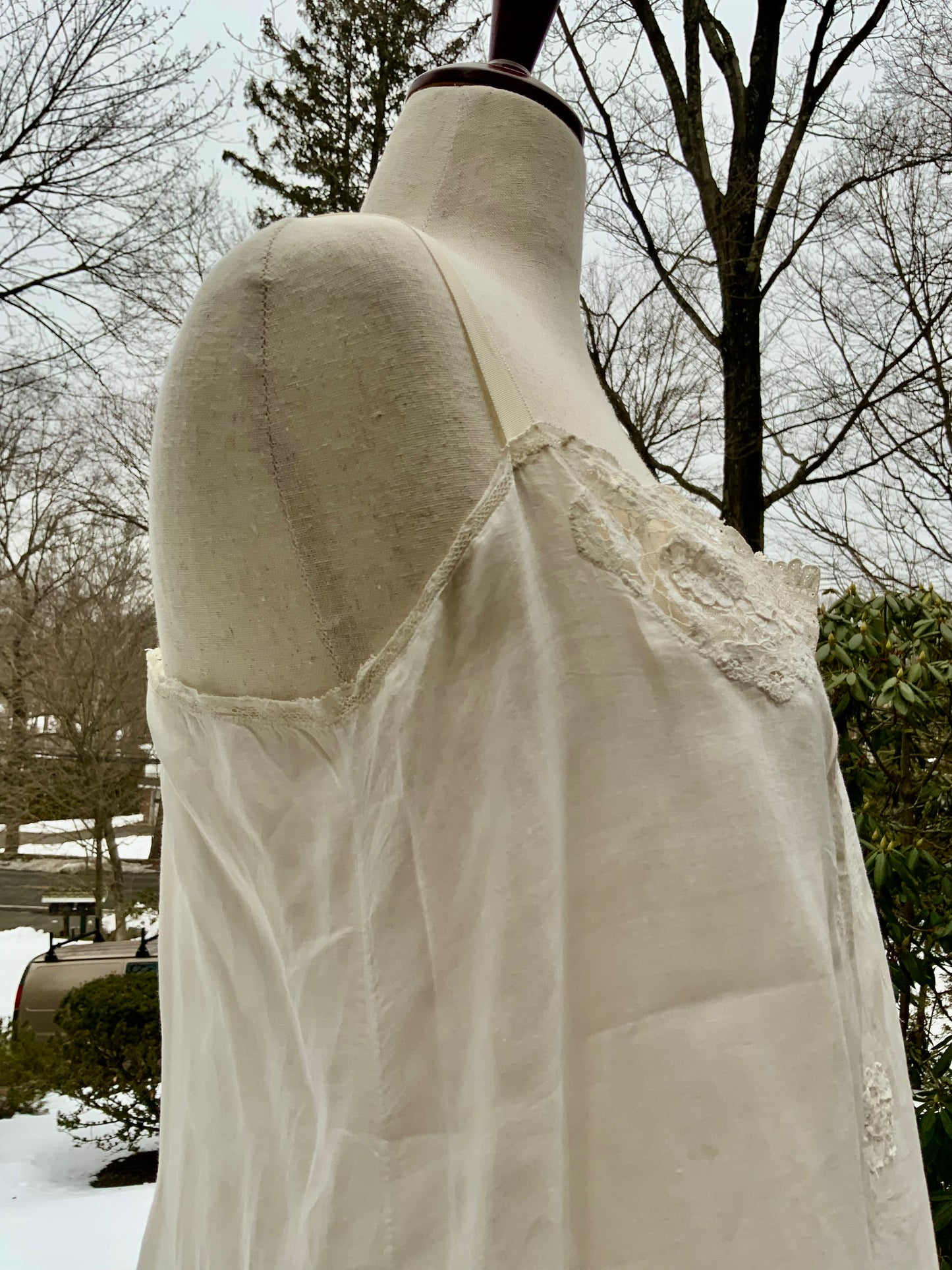 Edwardian Sheer Silk Slip Dress with Antique Lace Appliqué | Restored Vintage Lingerie Dress | 1910s–1920s-ED60