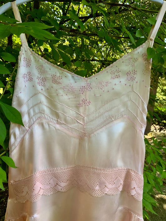 Rare 1930s Blush Pink Satin Boudoir Gown with Embroidery & Ribbon Sash-30DA