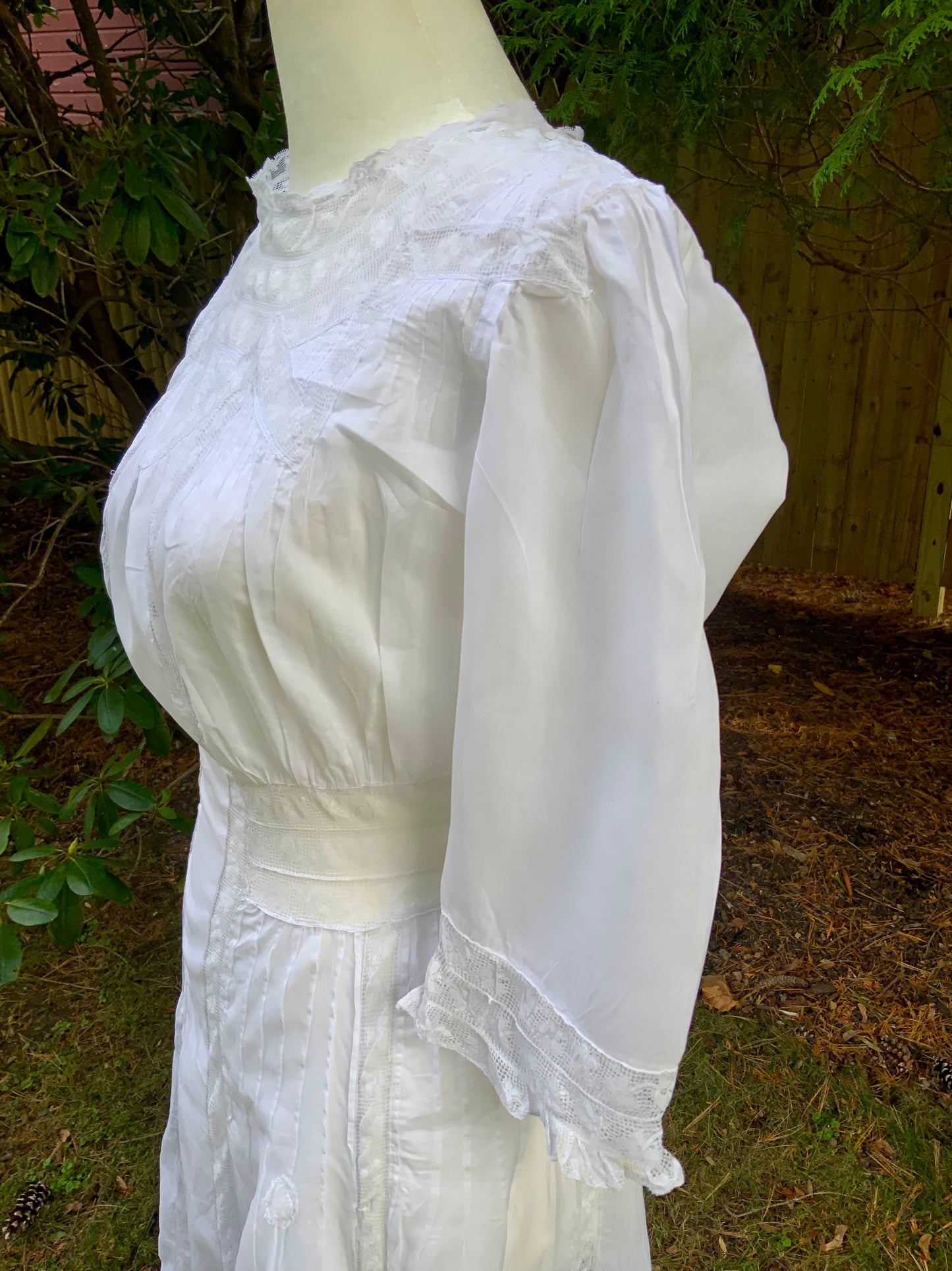 Edwardian White Cotton Lace Tea Dress c.1908–1914 — Pintucks, Lace Inserts - ED37