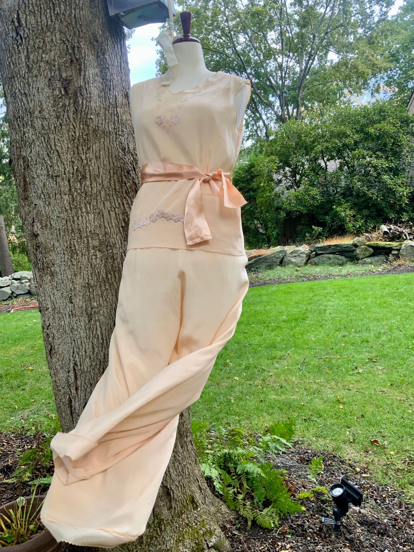 1920s–1930s Pure Silk Peach Pajama | Hand Restored with Vintage Floral Appliqués & Satin Ribbon | One-of-a-Kind Collectible Loungewear- 20AJ
