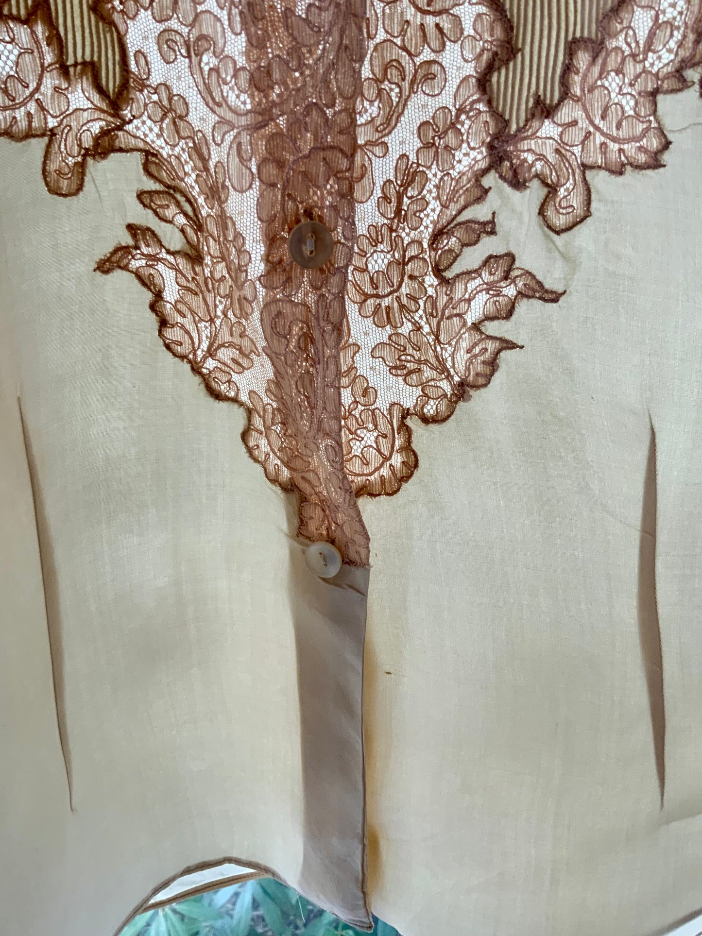 1930s Silk Blouse with Blush Lace Appliqué – Sheer Antique Chiffon Top, Romantic Lingerie Style, Bridal Boudoir Vintage-30BG