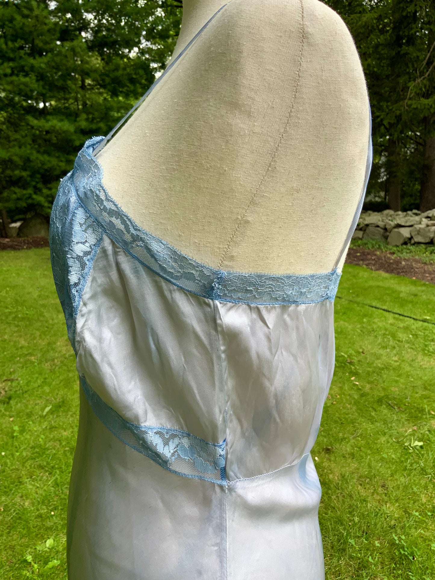 1930s Hand-Dyed Ice Blue Satin and Lace Bias-Cut Full Slip.50BA