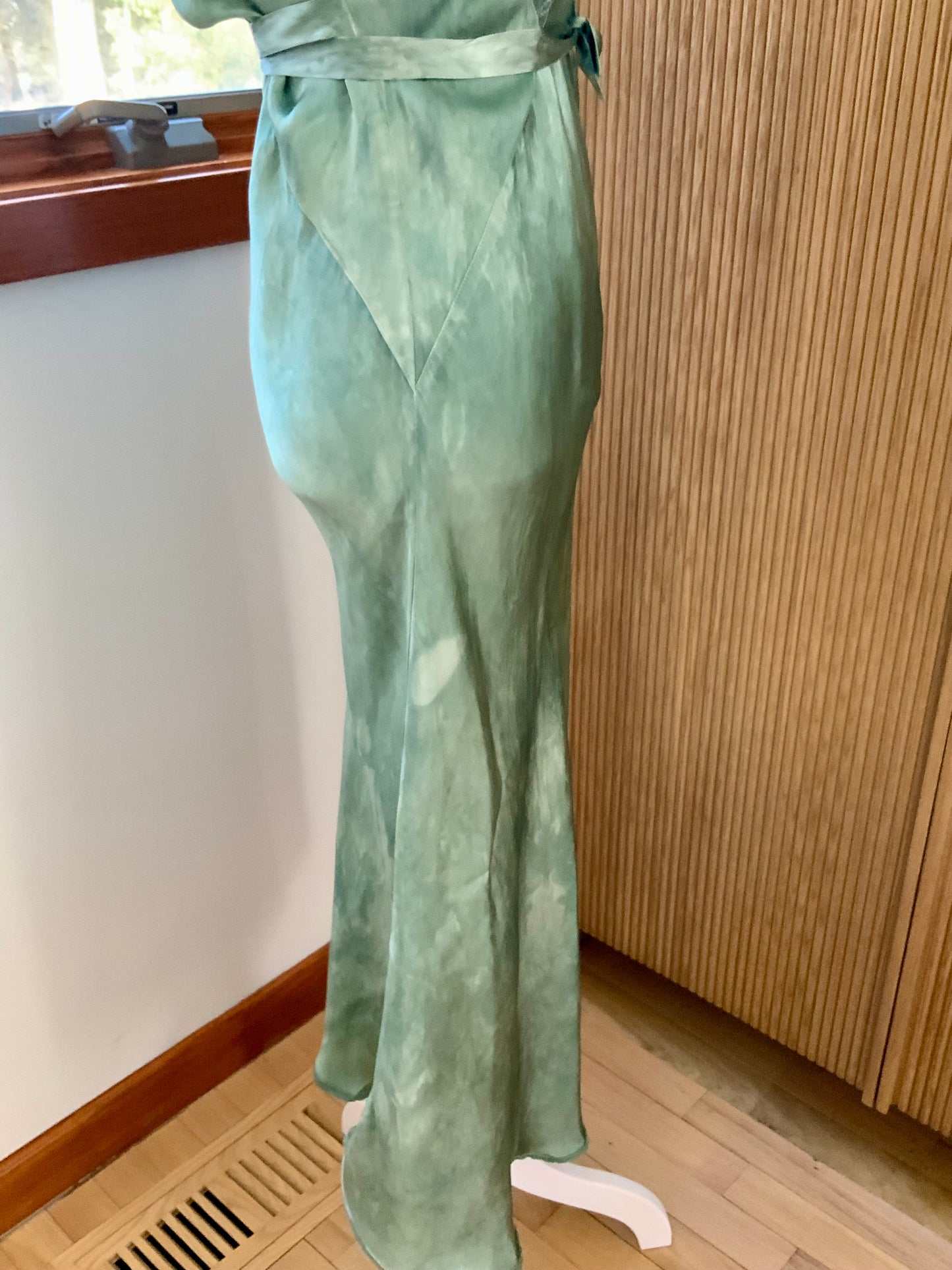 Hand Dyed Antique Satin & Chiffon Nightgown | Restored Vintage Lingerie Dress | 1930s Bias Cut Green Silk Satin Slip
- 40AD