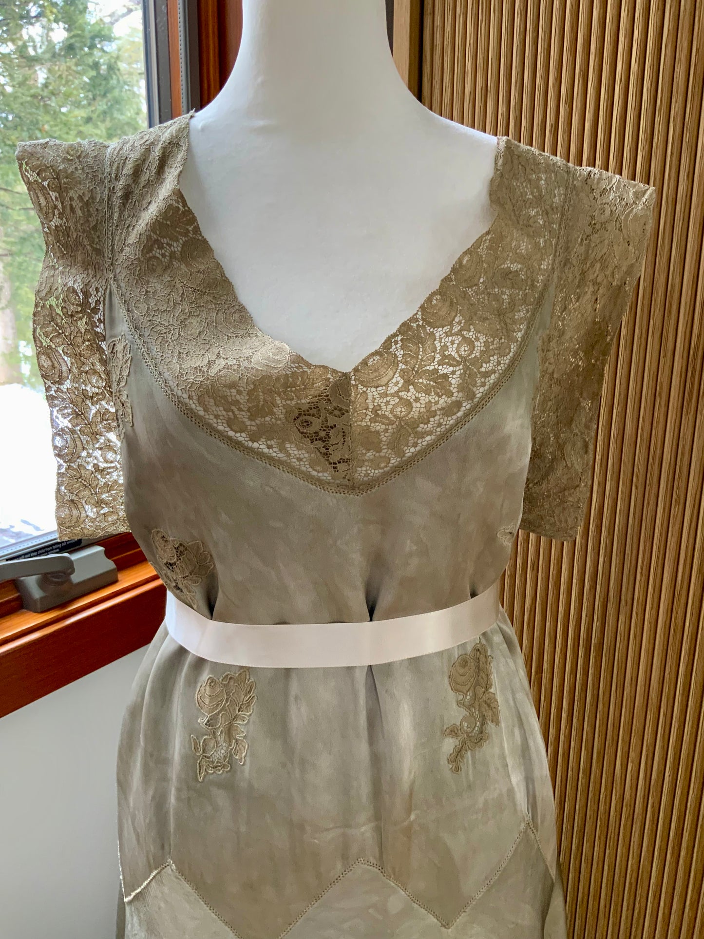 1930s Hand-Dyed Silk Satin Gown with Lace Cap Sleeves - 40AF