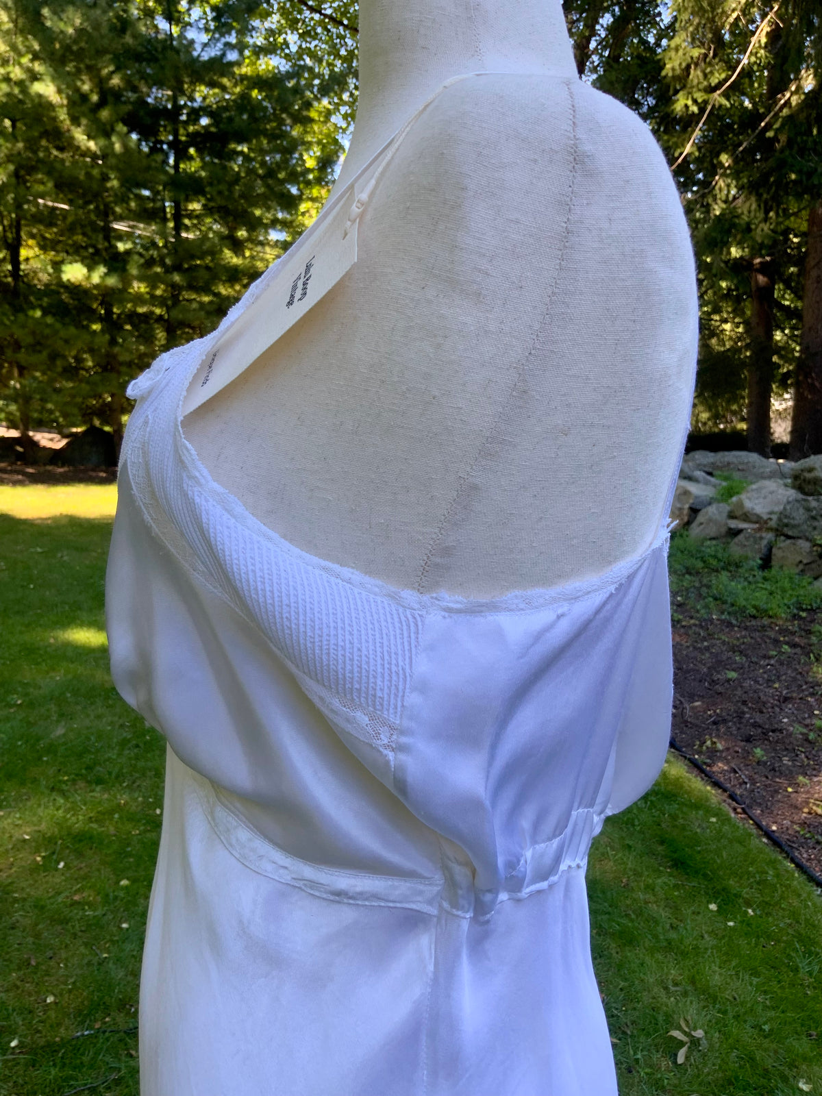 1930s White Satin Slip Dress Bias Cut Bridal Lingerie with Lace and Pleated Bust.40BU