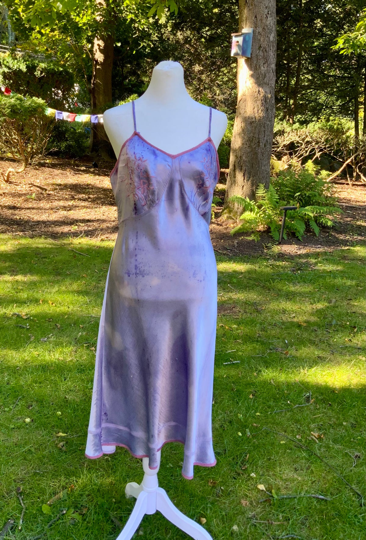 1930s/40s  Hand-Dyed Lilac Satin Slip Dress with Floral Embroidery.40BV
