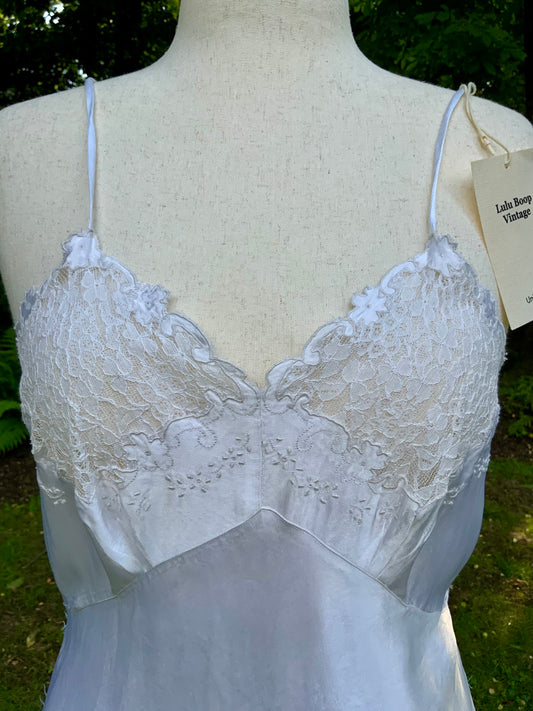 1930s White Satin Bias Cut Slip Dress with Floral Lace .40BT