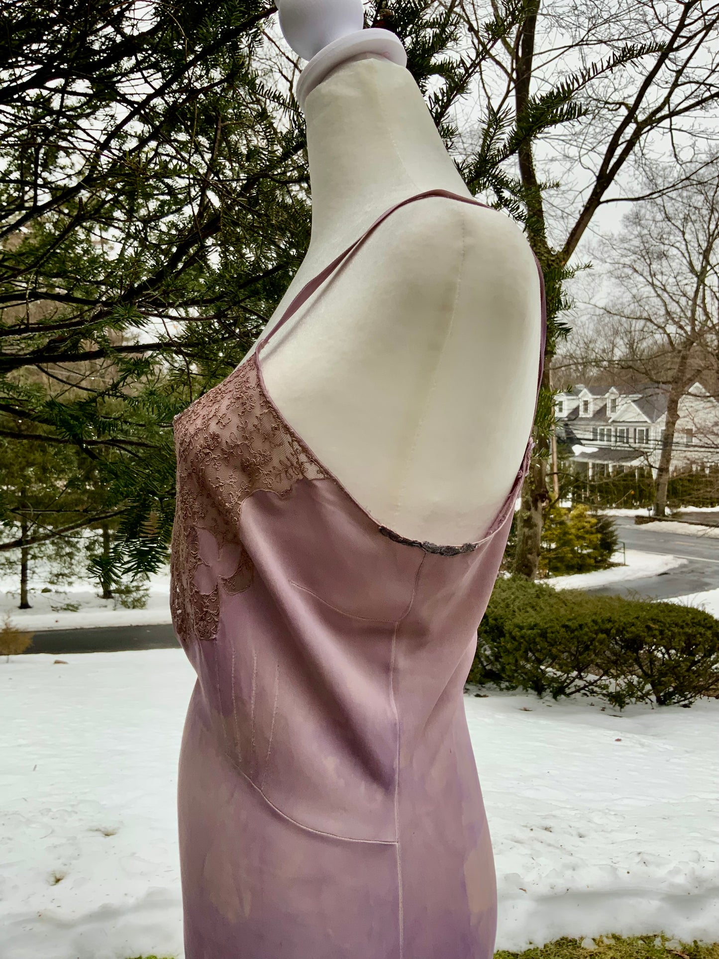 1990s Hand-Dyed Lilac Stretch Slip Dress • Lace Bust Vintage Boudoir Dress-90F