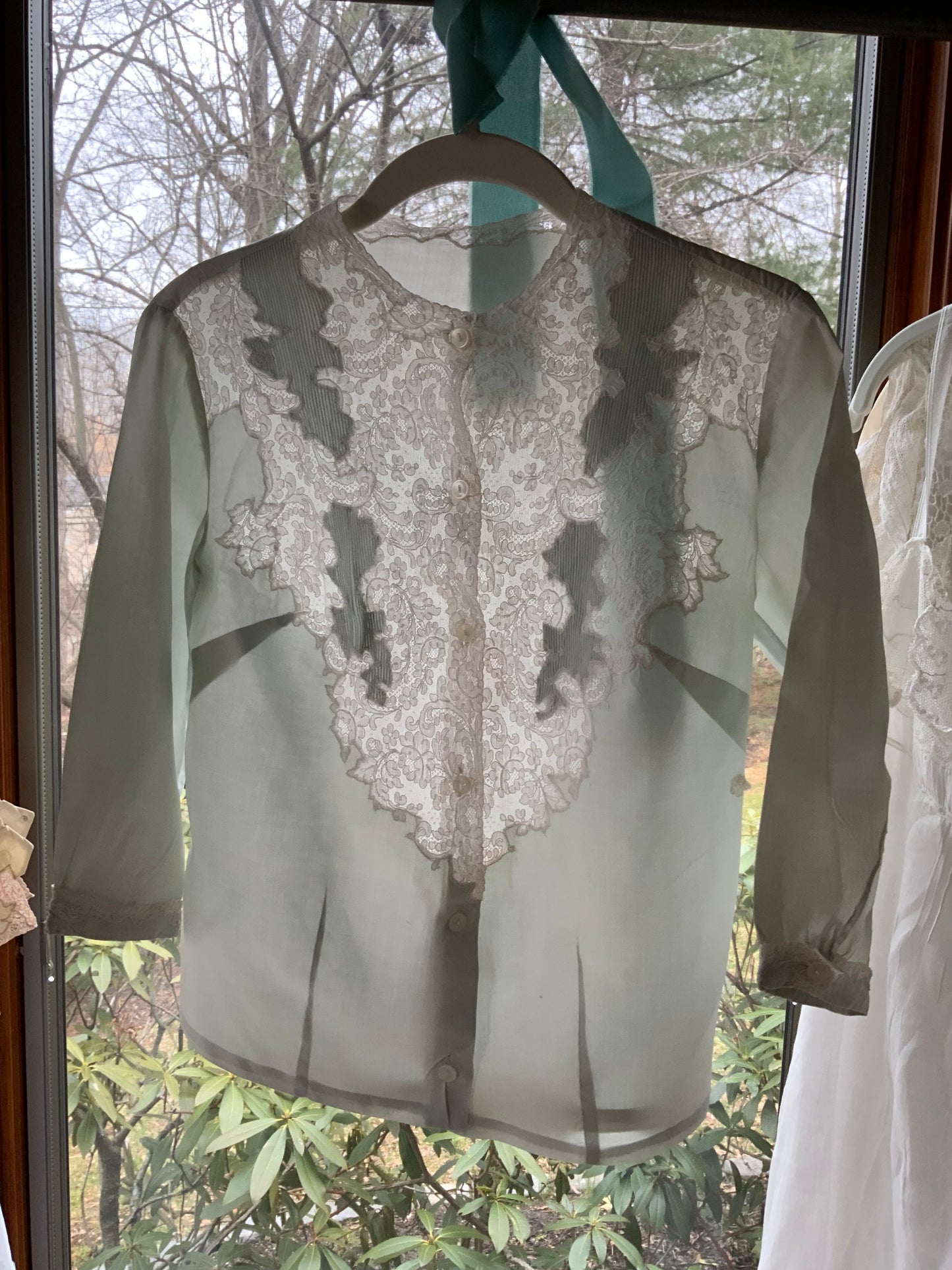 1940s Silk Satin Blouse with Lace Appliqué | Mint Green | Edwardian Revival-40AT
