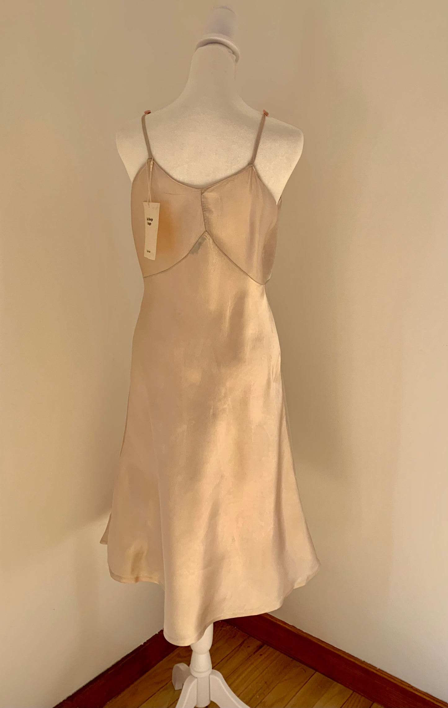 Vintage Silk Slip Dress – Hand Dyed Champagne and Grey with Lace Bodice & Satin Ribbon
 - 40Pi