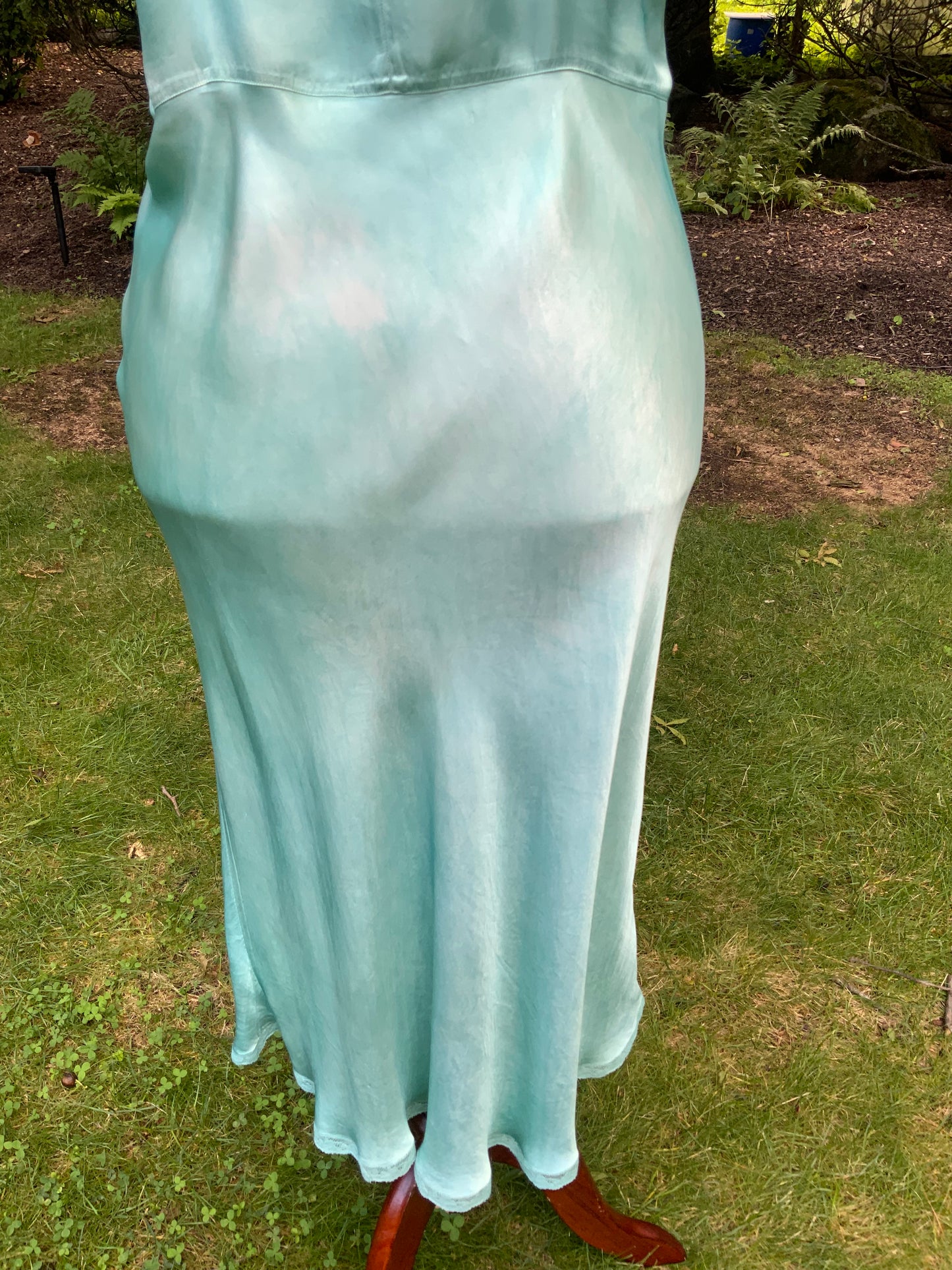 1930s Hand-Dyed Aqua Satin Slip Dress. Embroidered Bias Cut Slip with Sash.40CB