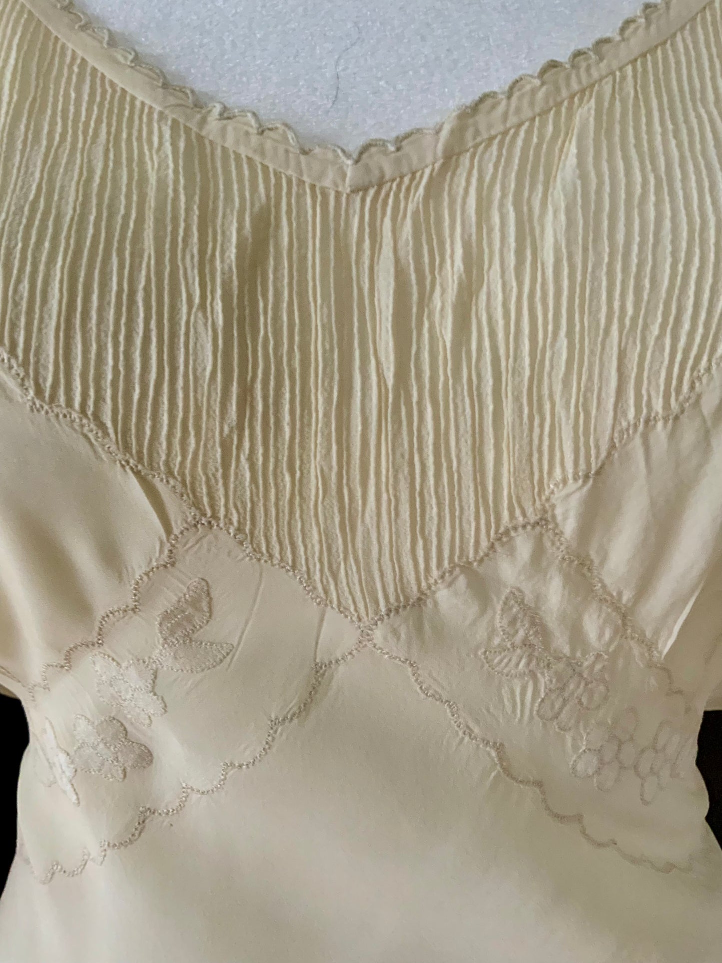 Antique 1930s–40s Pure Silk Nightgown — Ivory Bias Cut Slip Dress with Pintucks & Embroidery-40AT
