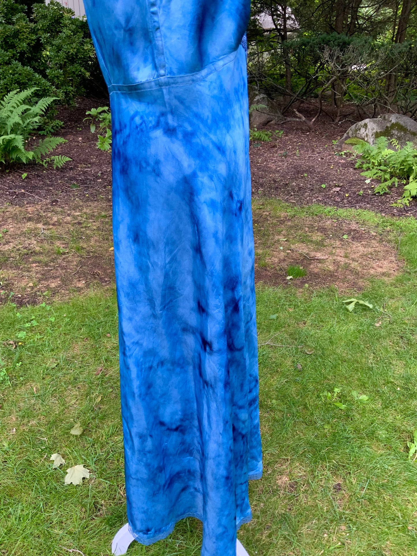 1930s Hand Dyed Blue Satin Nightgown with Floral Appliqués.40CG
